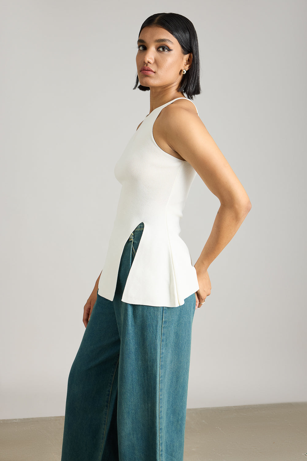 White Flared Long Top With Slit