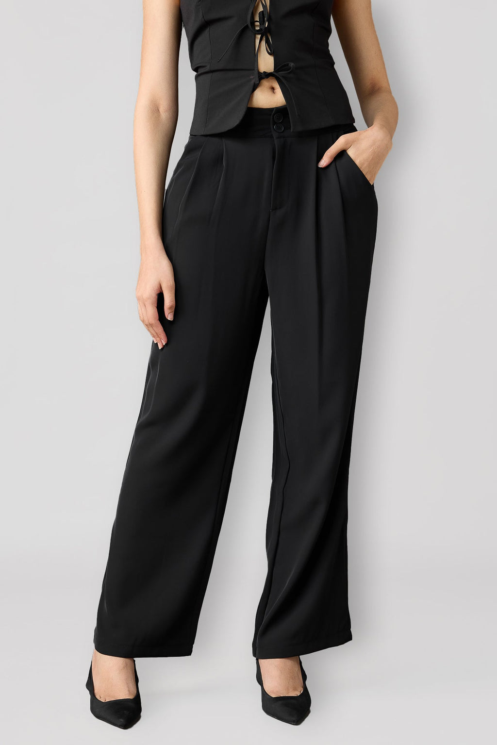 Midnight Black Pleated Women's Straight Korean Pants