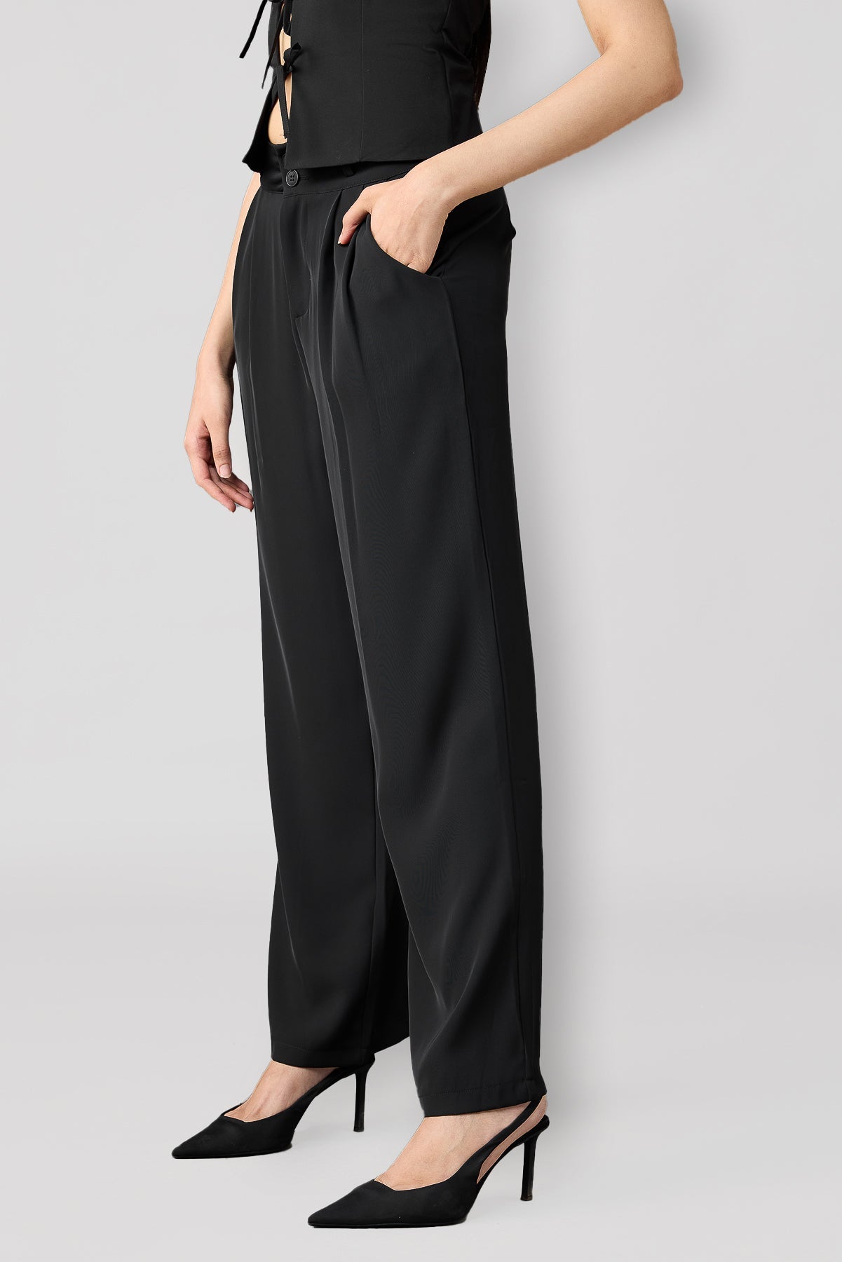 Midnight Black Pleated Women's Straight Korean Pants