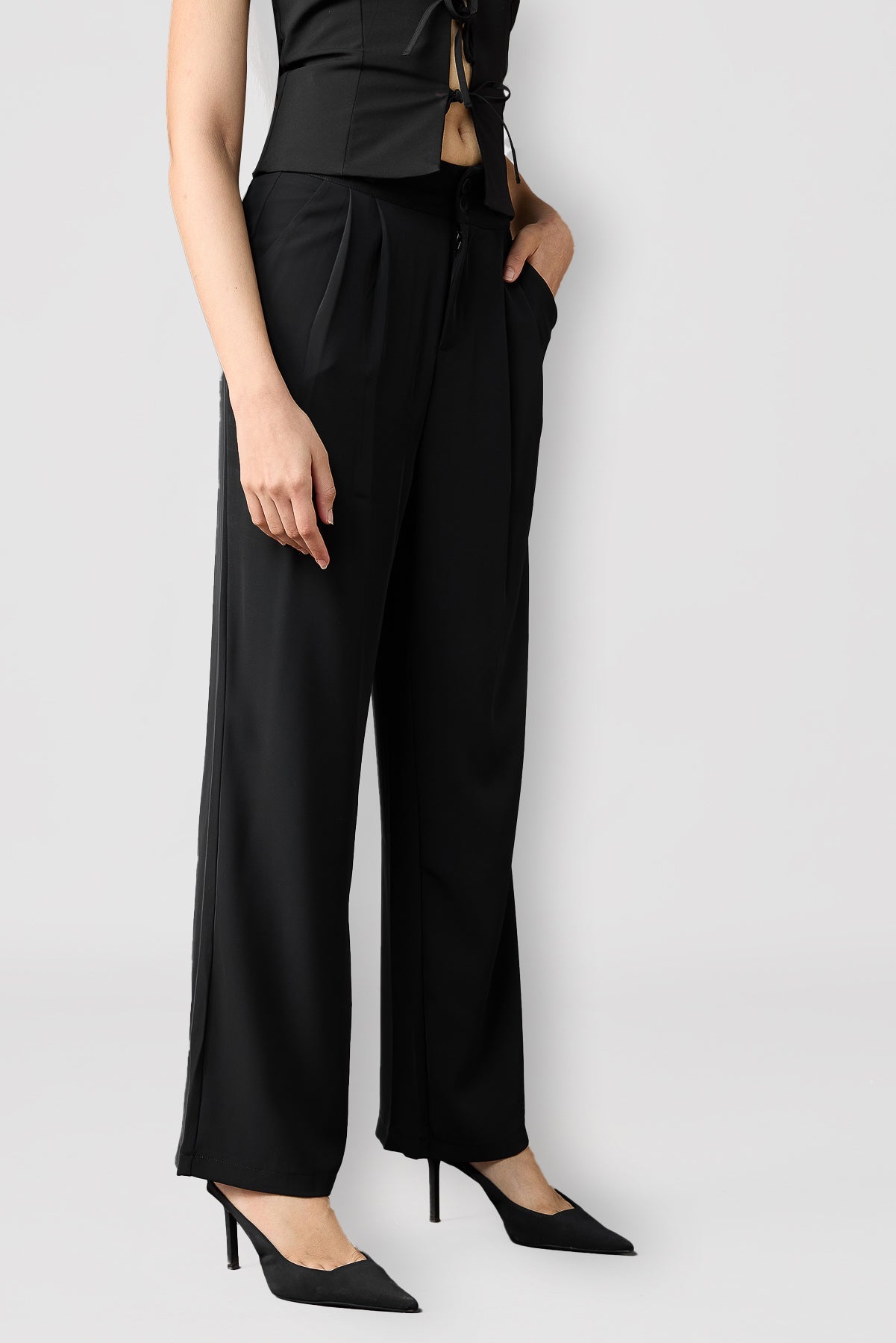 Midnight Black Pleated Women's Straight Korean Pants