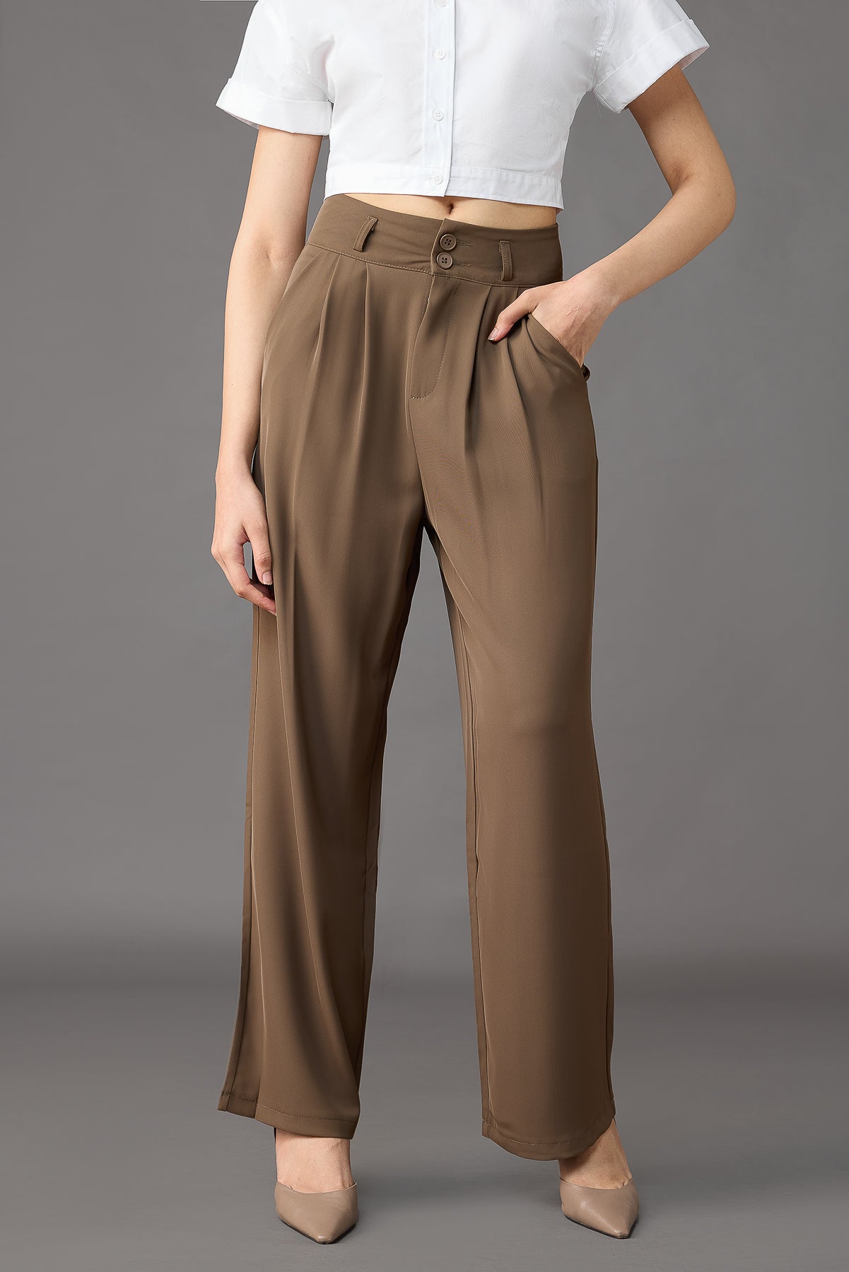 Olive Brown Pleated Women's Straight Korean Pants