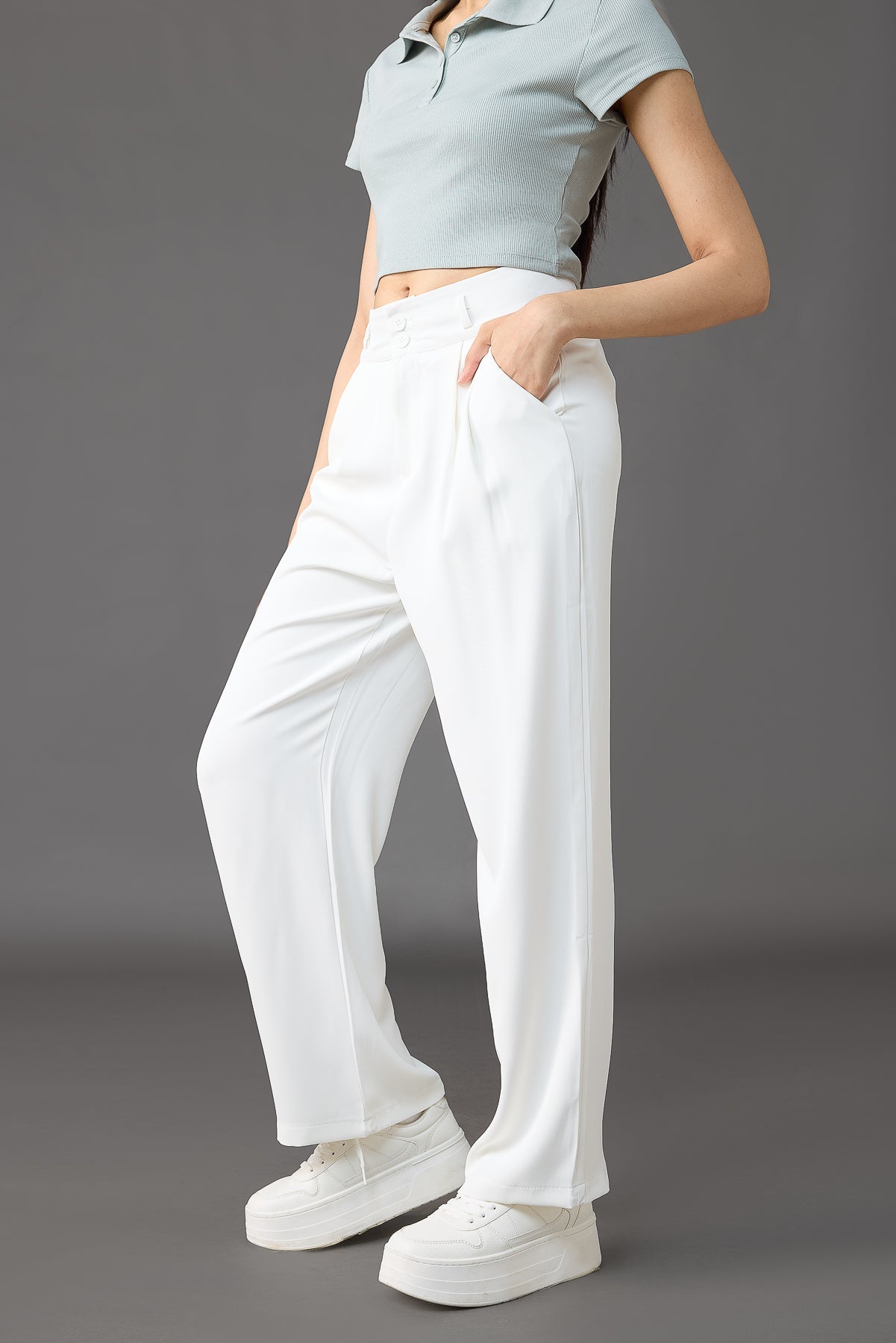 Seoul White Pleated Women's Straight Korean Pants