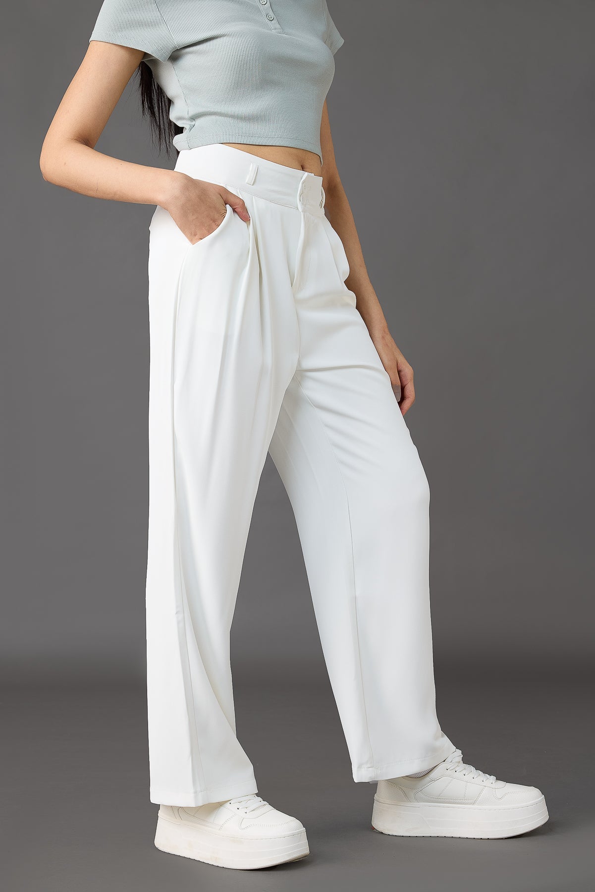 Seoul White Pleated Women's Straight Korean Pants
