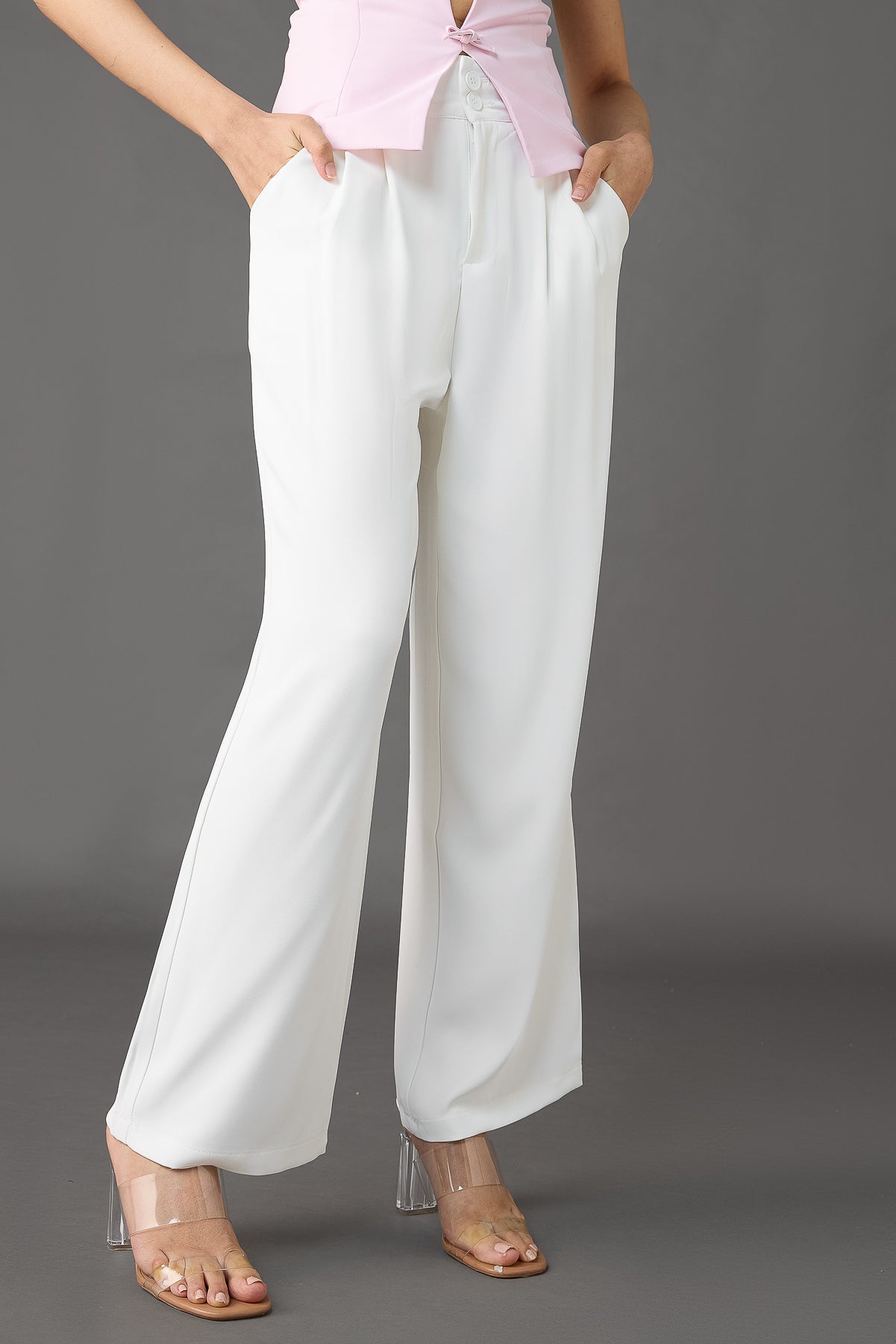 White Pleated Women's Straight Korean Pants