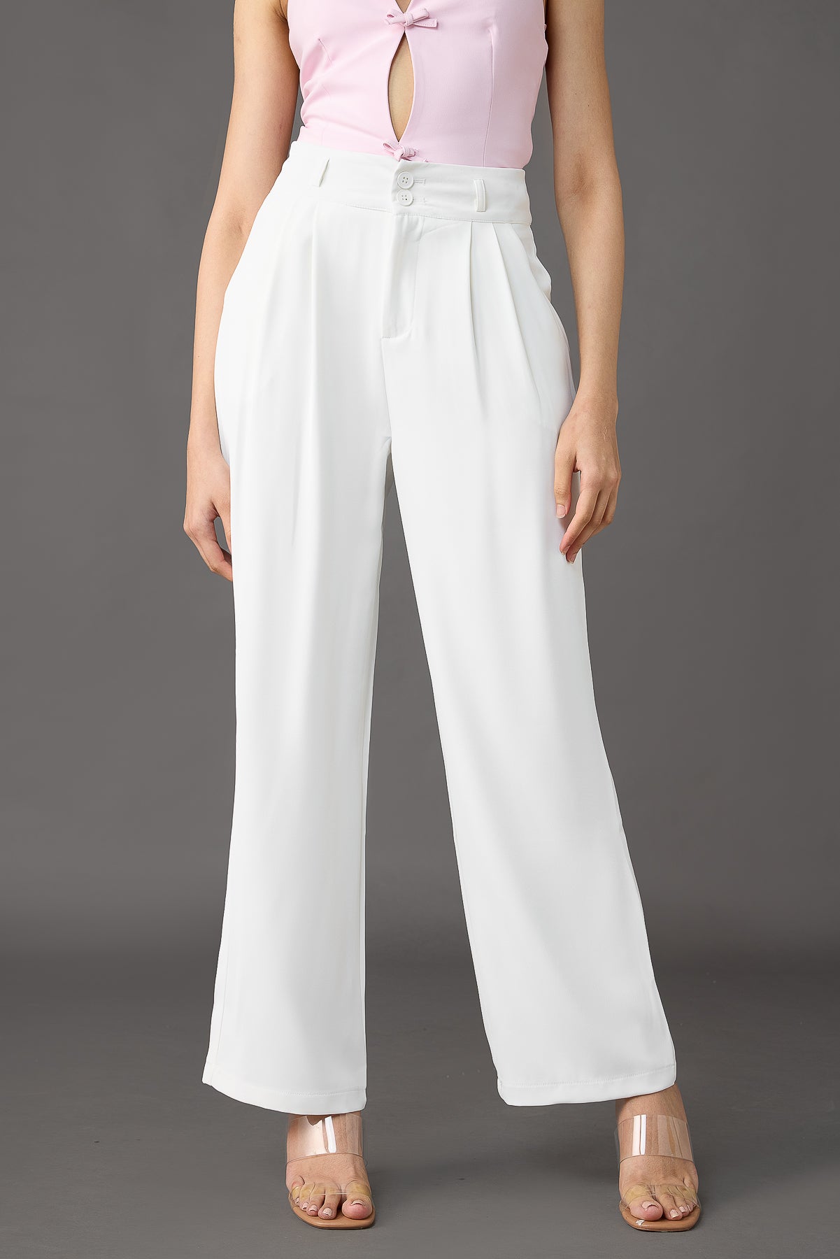White Pleated Women's Straight Korean Pants