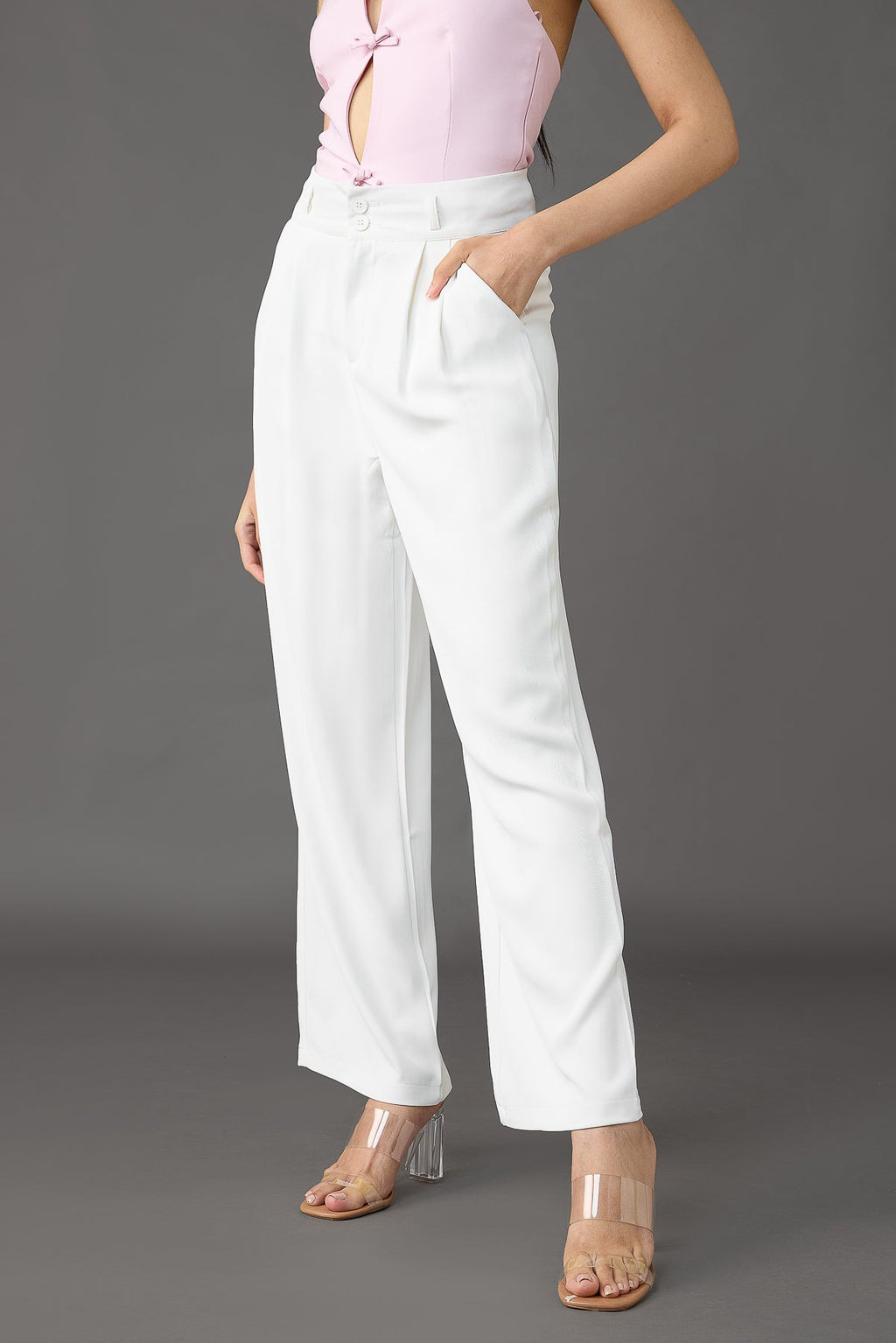 White Pleated Women's Straight Korean Pants