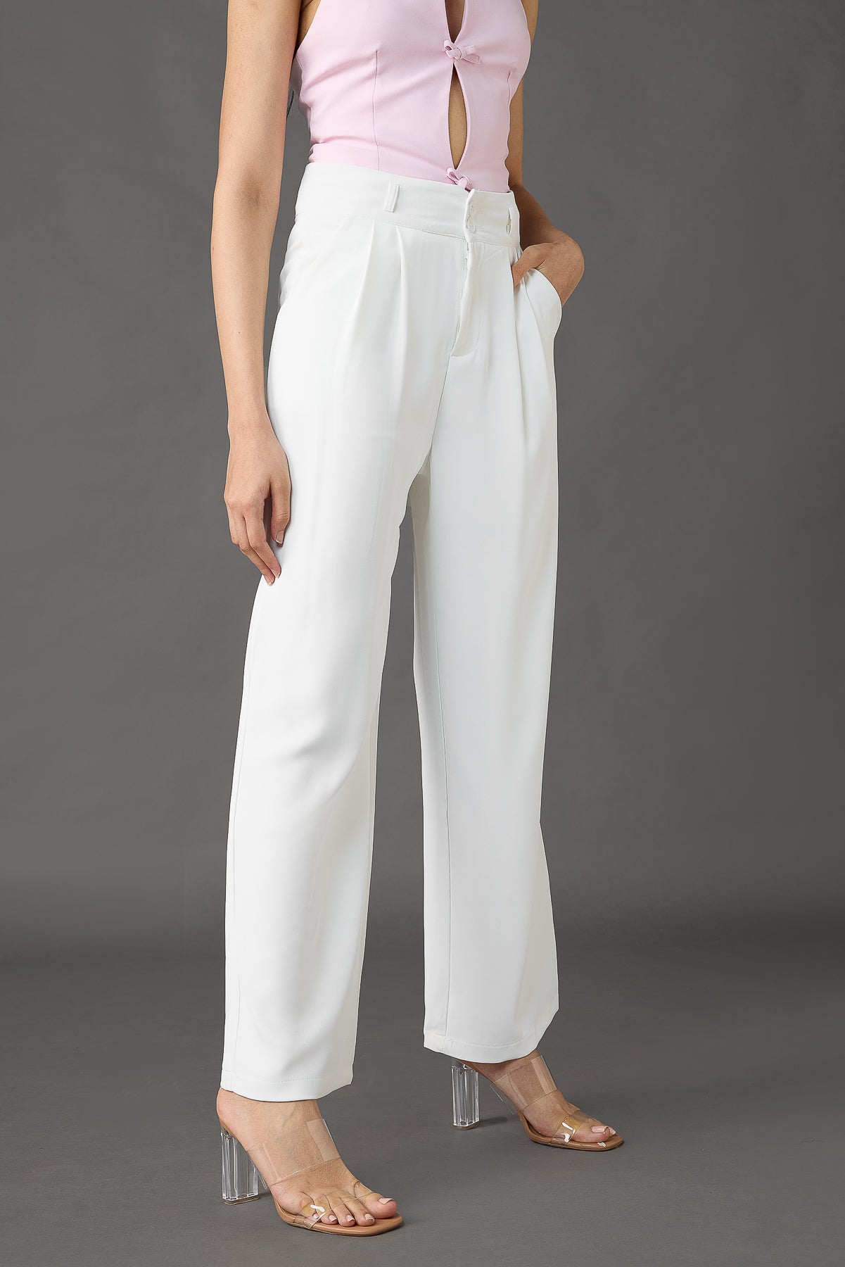 White Pleated Women's Straight Korean Pants
