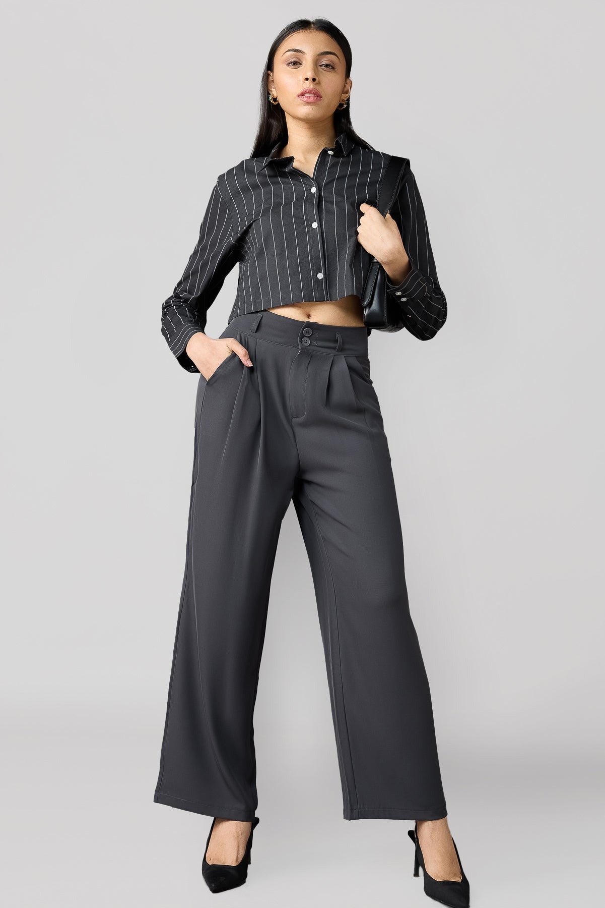 Charcoal Grey Pleated Women's Straight Korean Pants