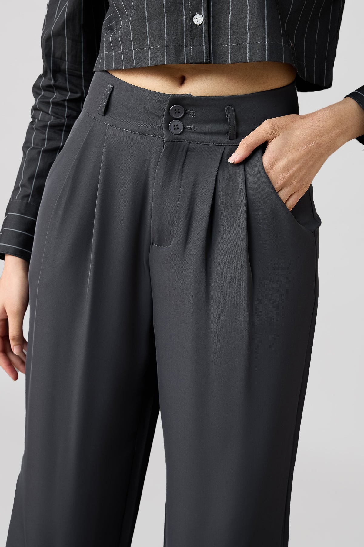 Charcoal Grey Pleated Women's Straight Korean Pants