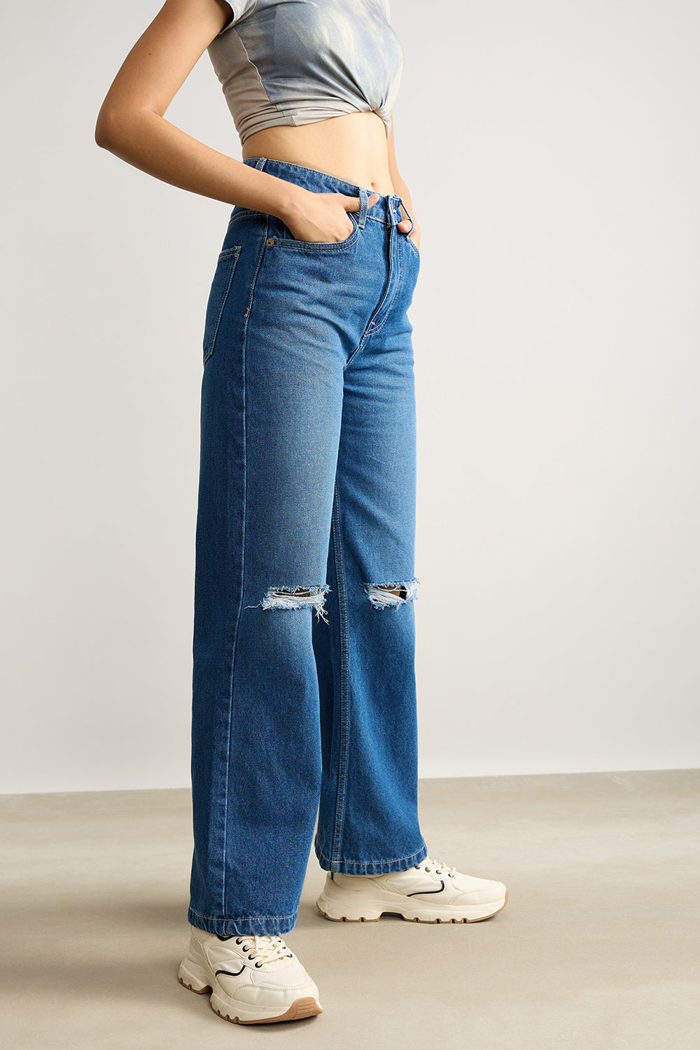 Clean Blue Distress Women's Wide Jeans