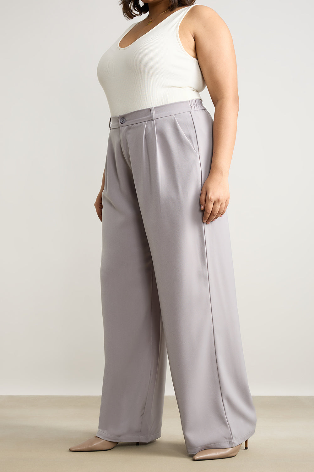 Curve Light Grey Pleated Straight Korean Pants