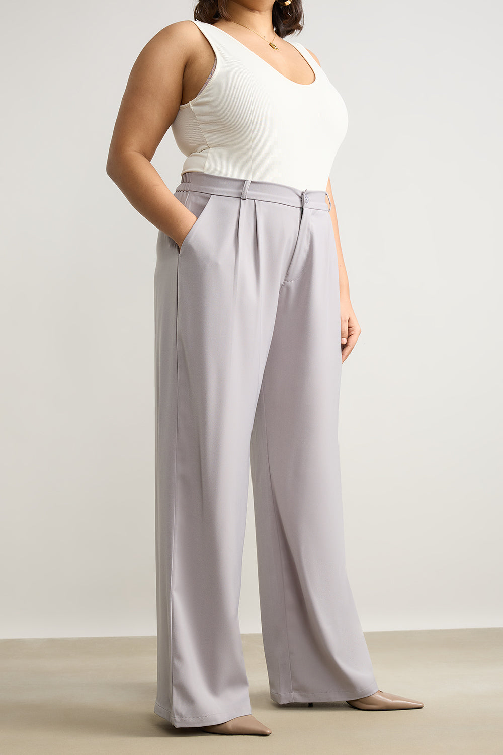Curve Light Grey Pleated Straight Korean Pants