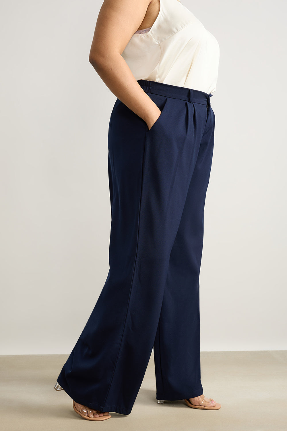 Curve Navy Pleated Straight Korean Pants