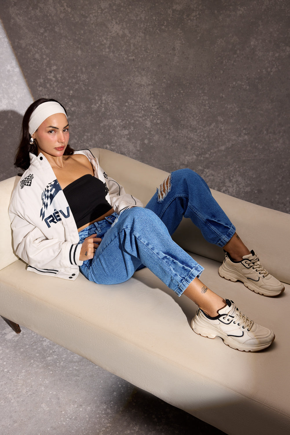Mid Blue Ripped Women's Straight Jeans