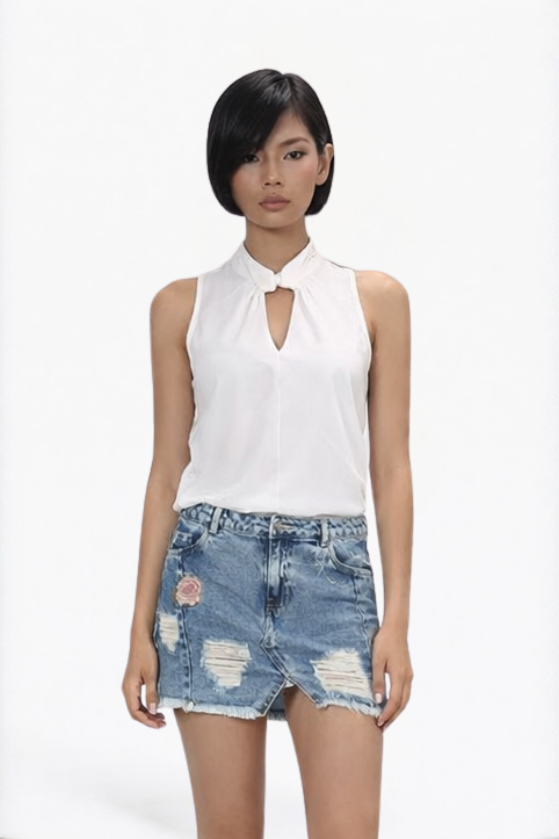 Light Blue Embroidered Denim Distressed Skirt