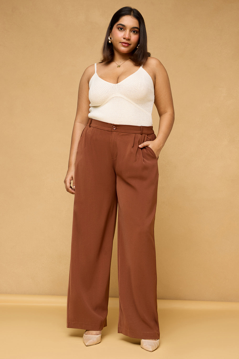Curve Rust Brown Pleated Straight Korean Pants