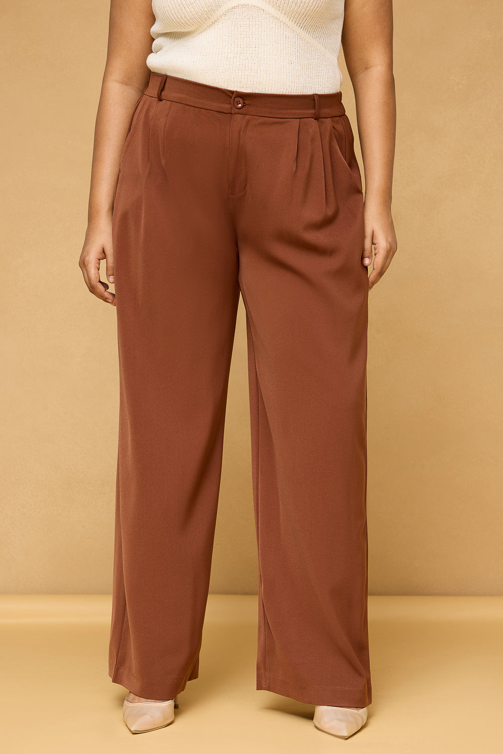 Curve Rust Brown Pleated Straight Korean Pants