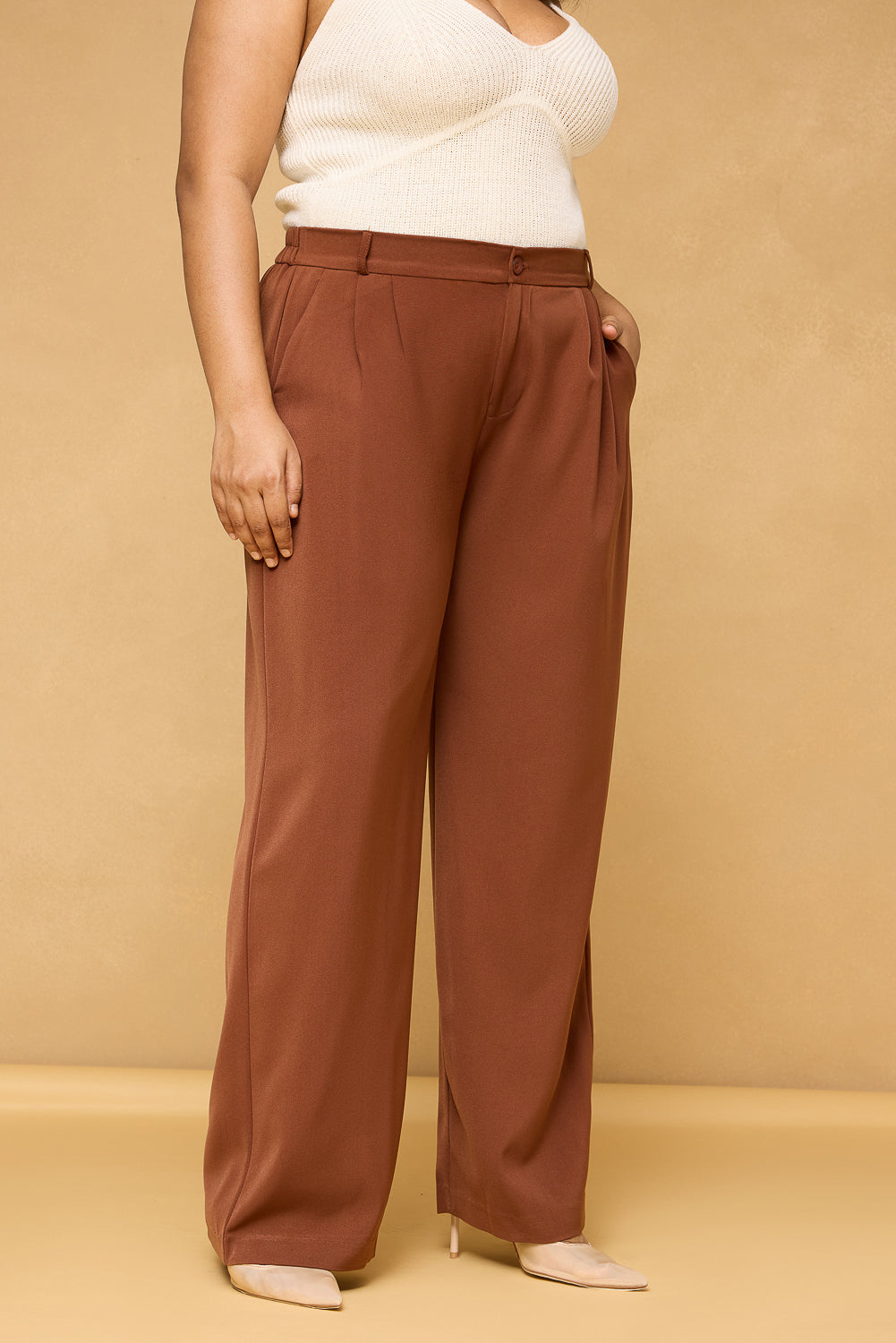 Curve Rust Brown Pleated Straight Korean Pants