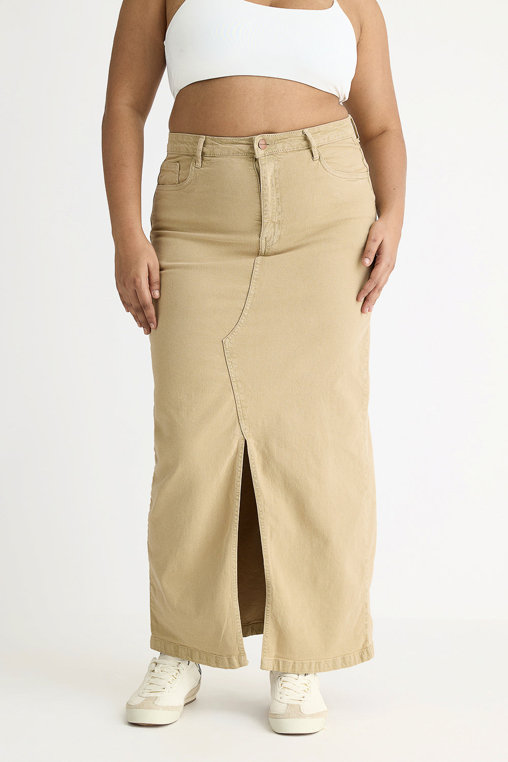 Denim Earthy Beige Slit Midi Skirt