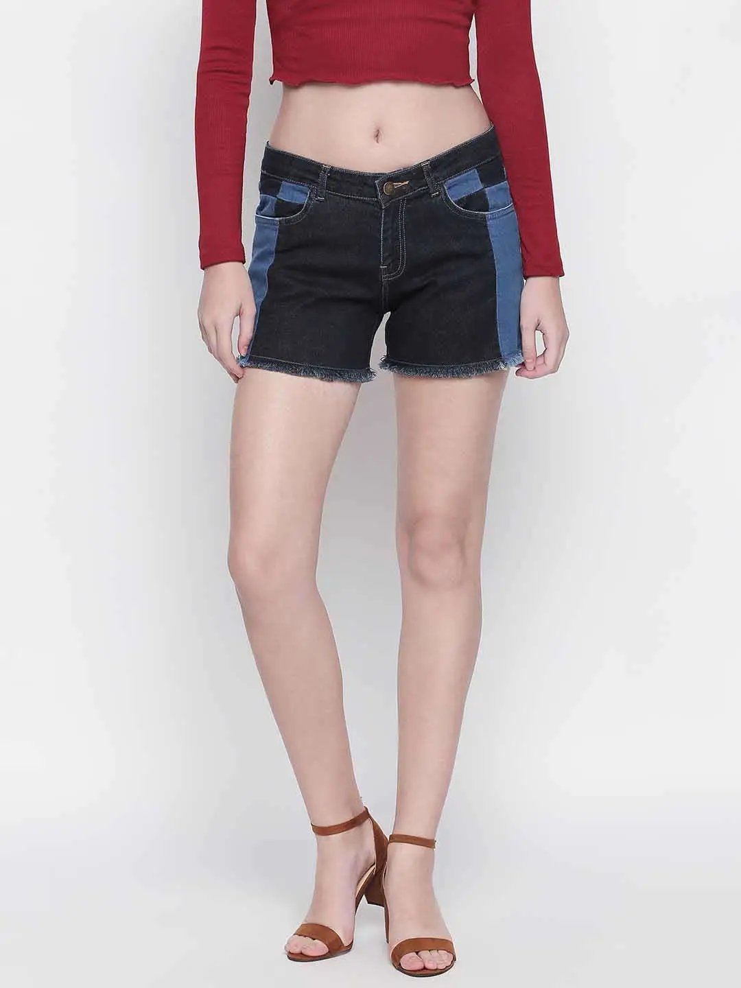 Black Patched Denim Shorts