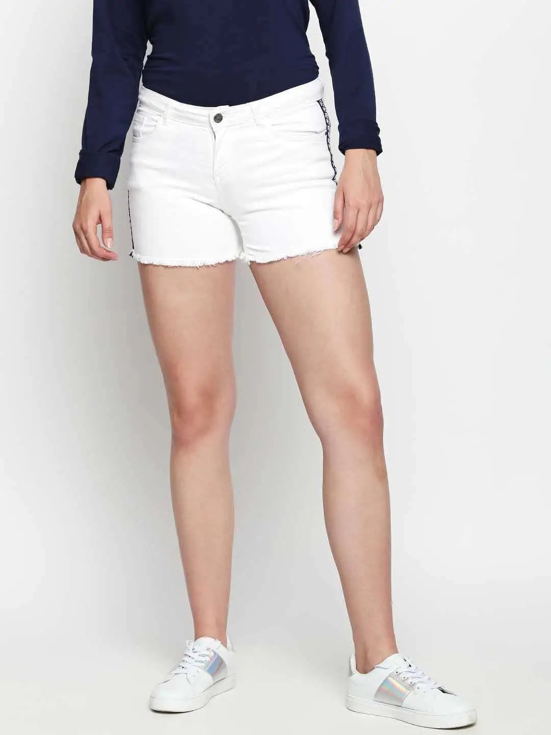 White Denim Shorts With Blue Side Tape Detail