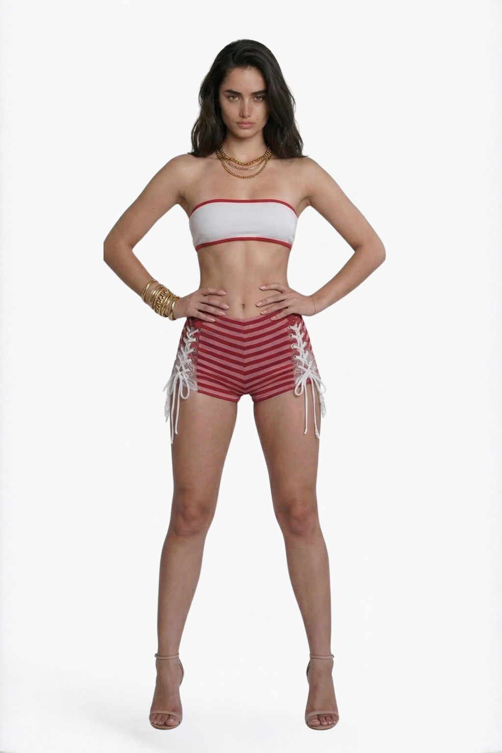 Red Striped Lace-Up Shorts