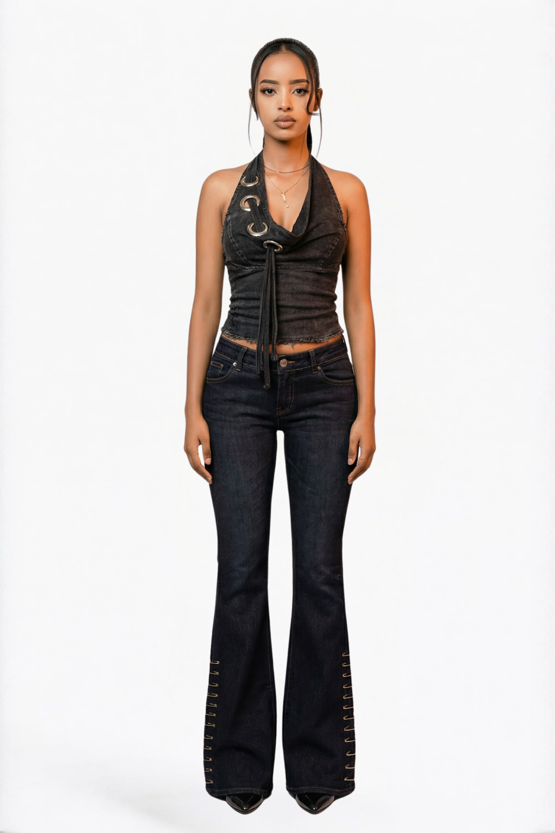 Black Washed Grommet Halter Top