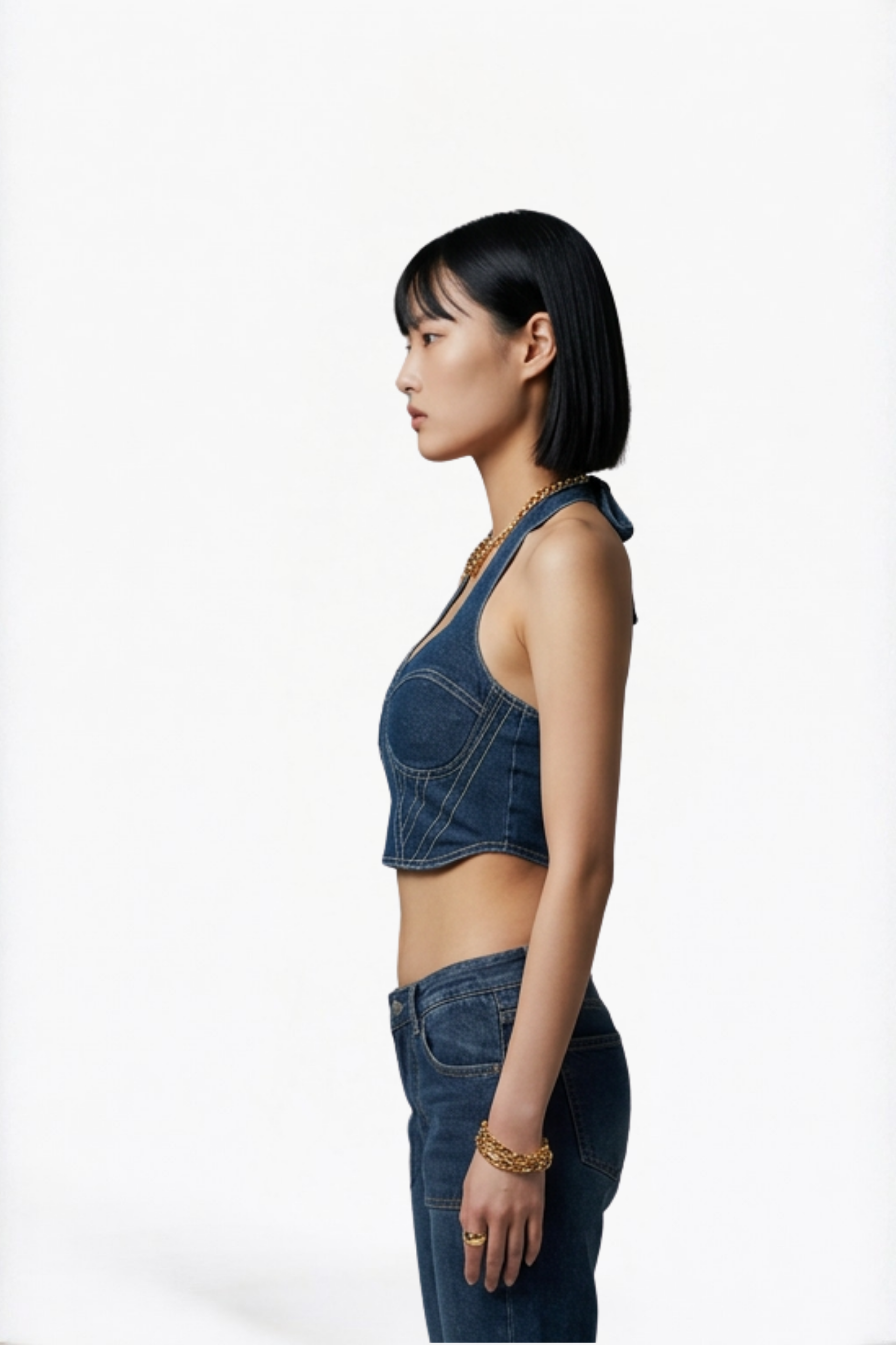 Contrast Stitch Denim Halter Top