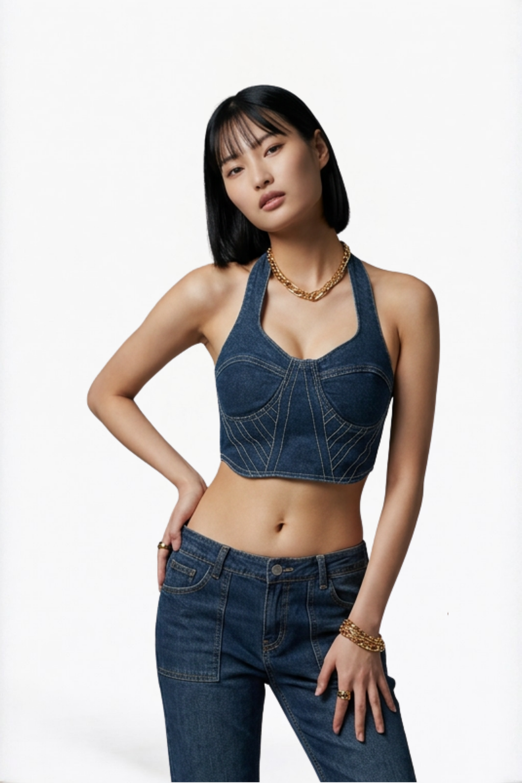Contrast Stitch Denim Halter Top