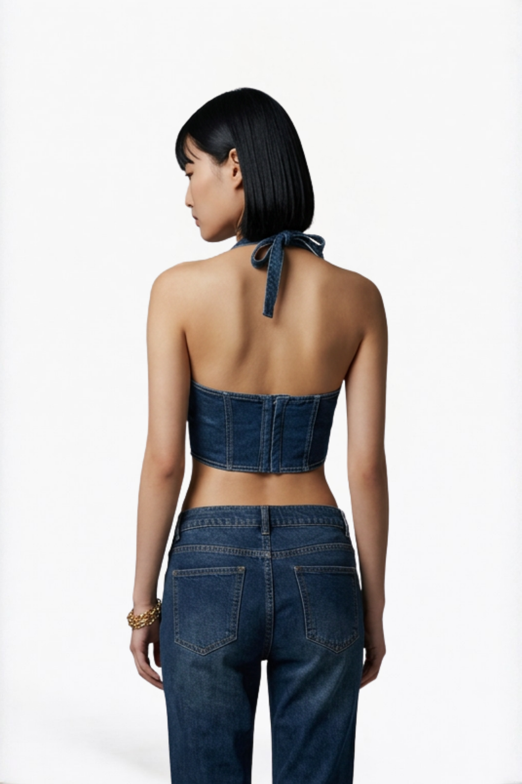 Contrast Stitch Denim Halter Top