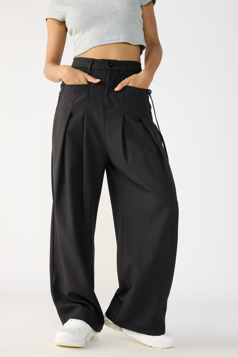 Black Pleated Knot Women's Wide Korean Pants