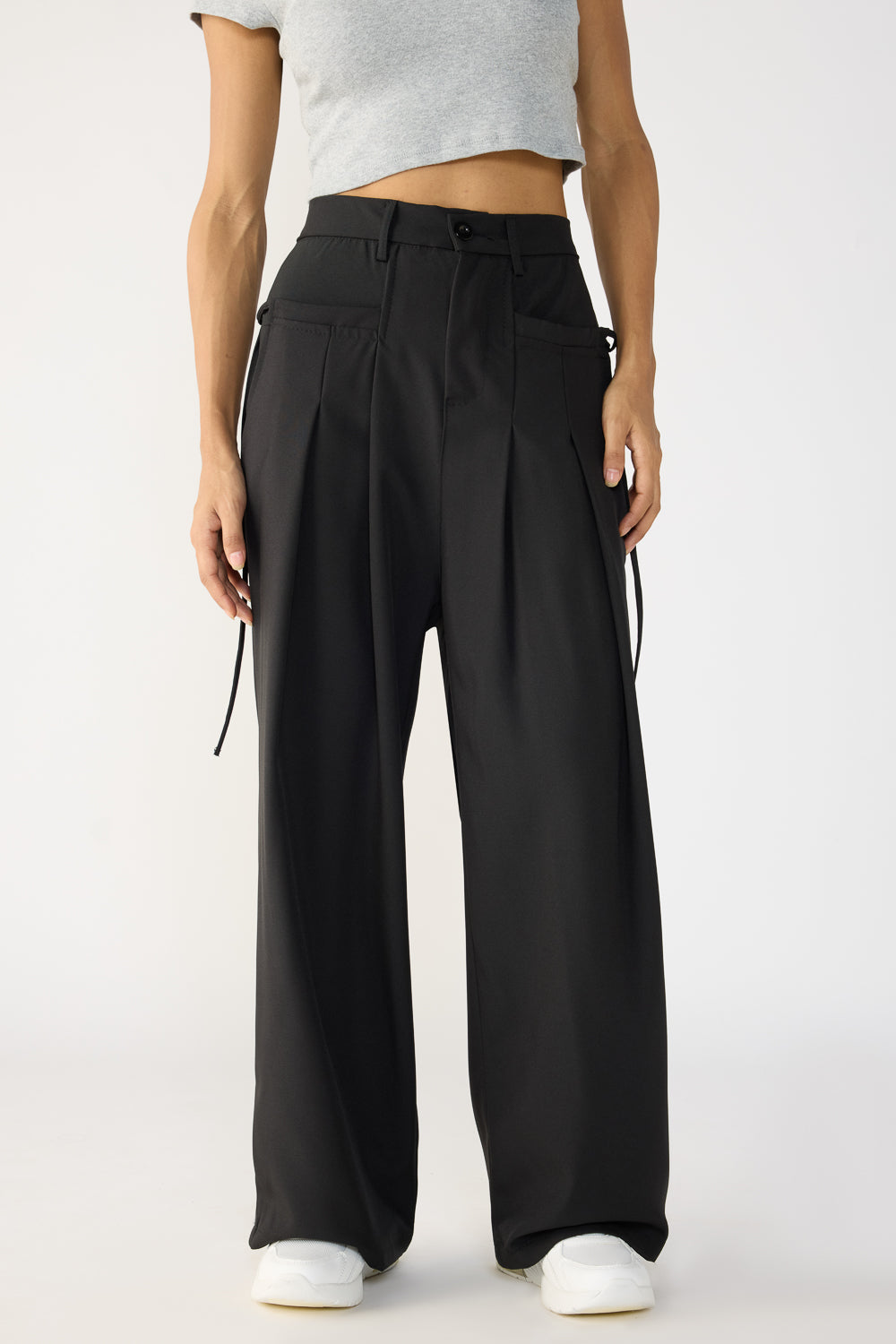 Black Pleated Knot Women's Wide Korean Pants