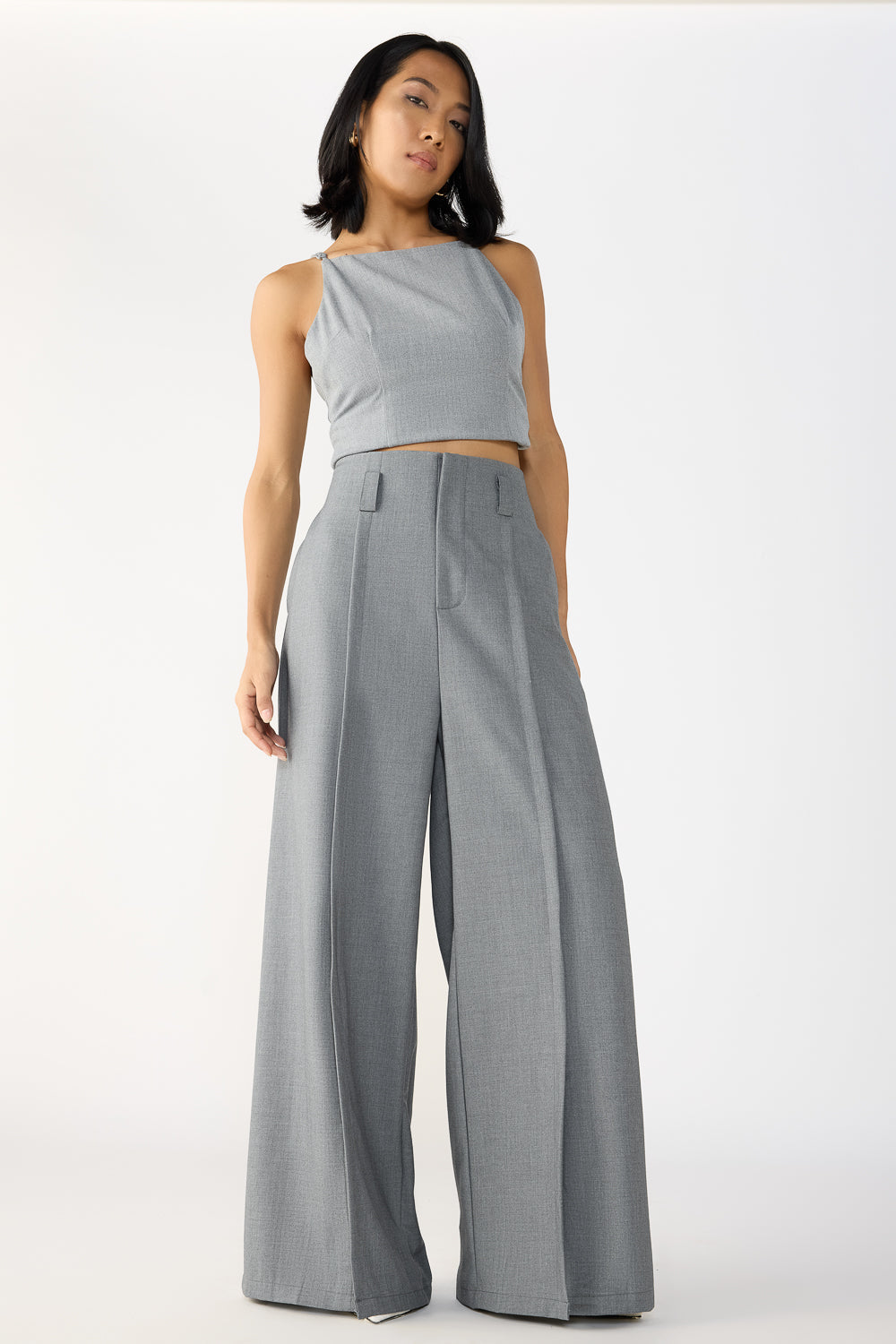 Slubbed Grey Front Slited Women's Flare Korean Pants