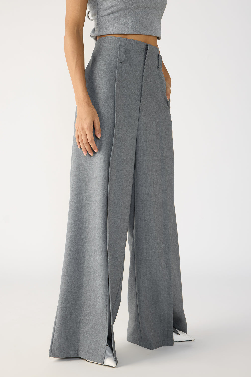 Slubbed Grey Front Slited Women's Flare Korean Pants