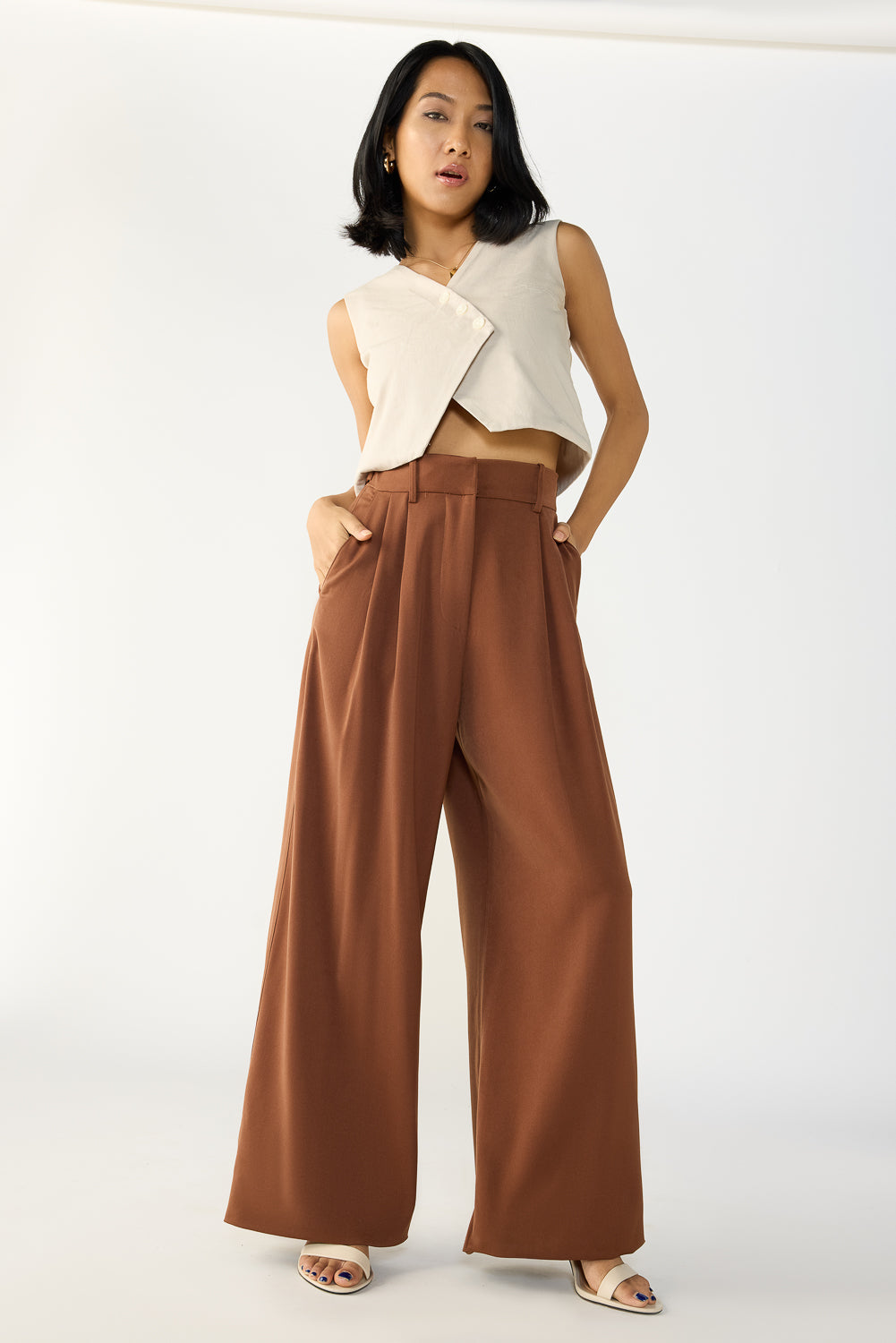 Downtown Brown Adjustable Pleated Women's Straight Korean Pants