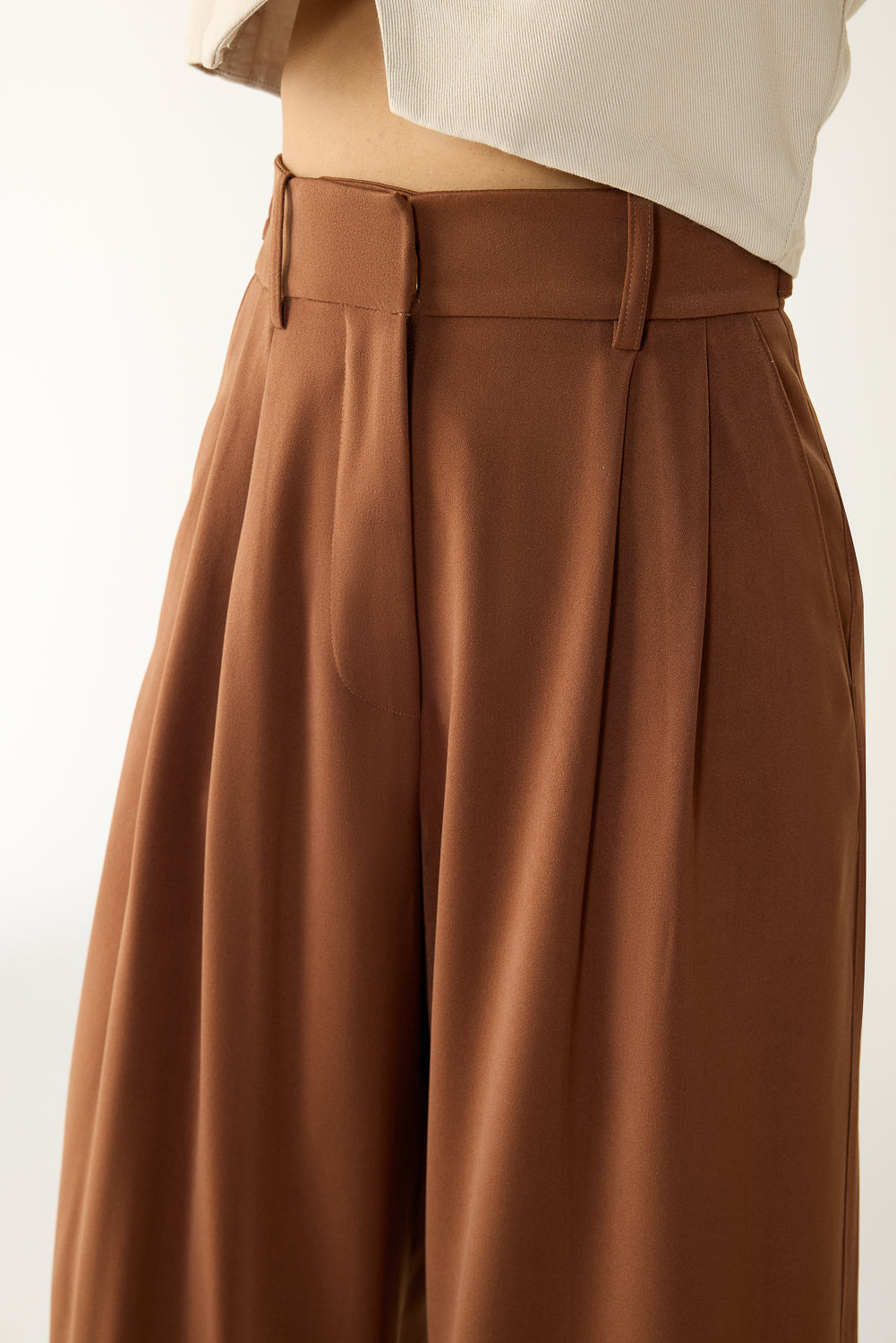 Downtown Brown Adjustable Pleated Women's Straight Korean Pants