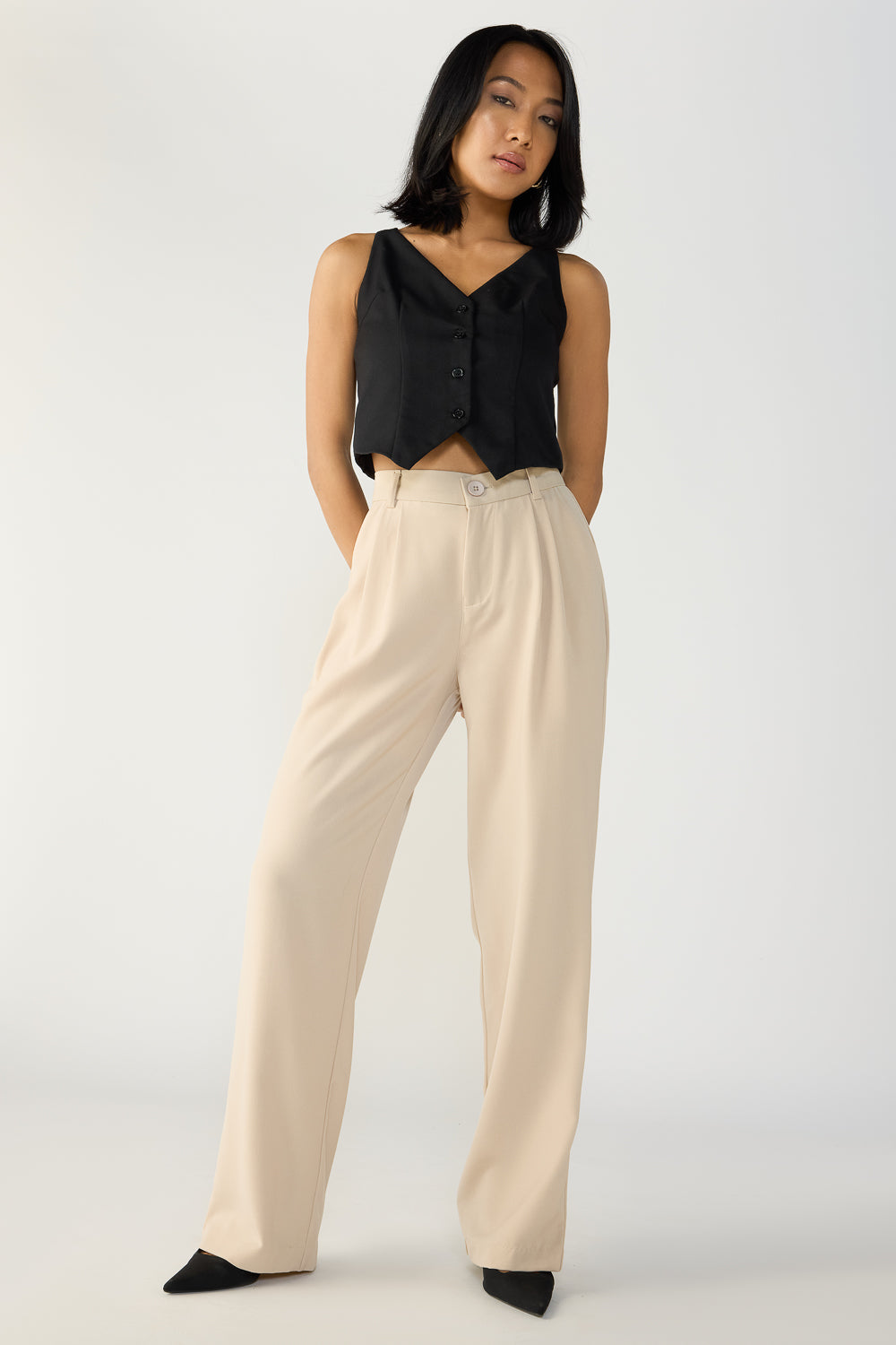Sand Beige Double Pleated Women's Straight Korean Pants