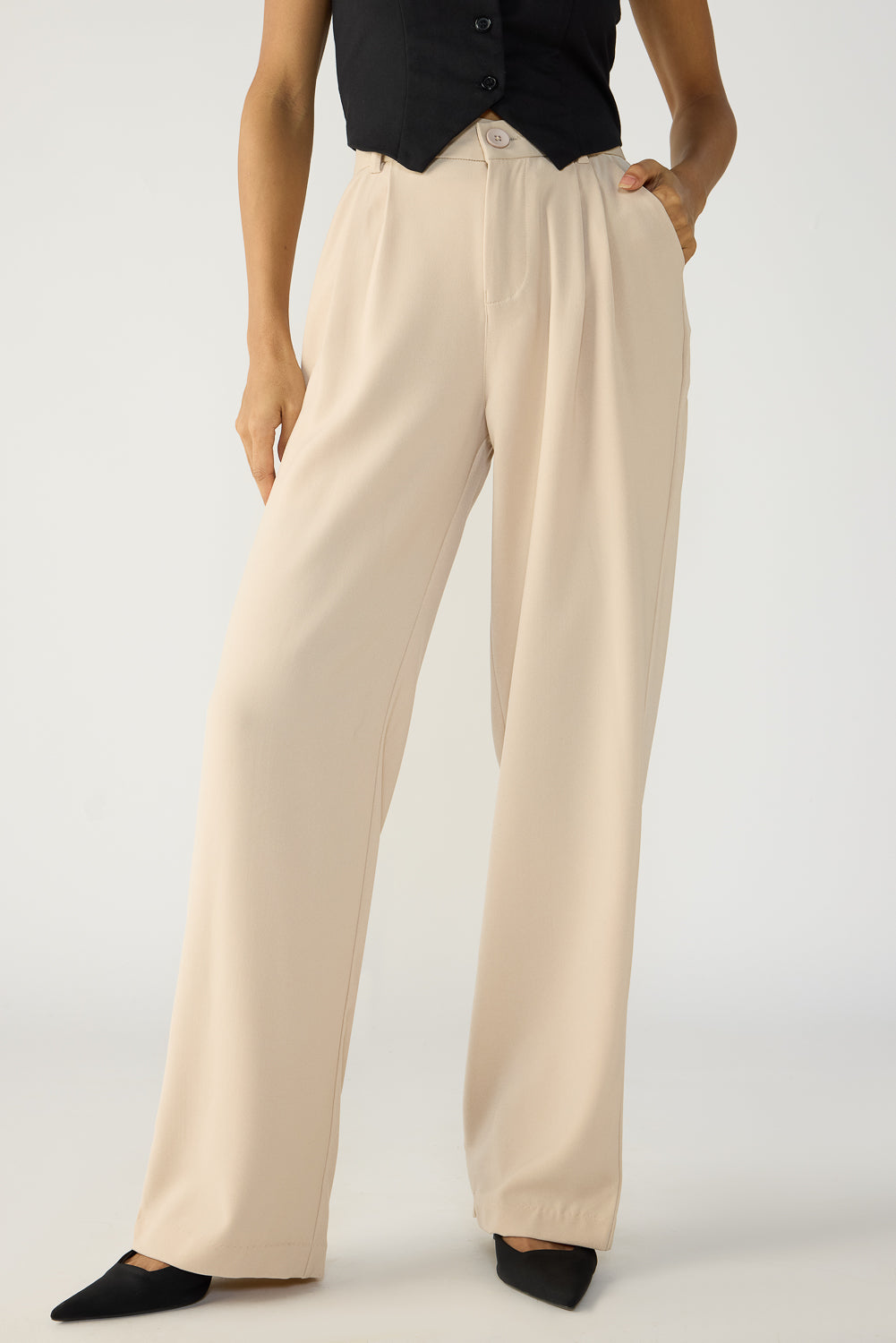 Sand Beige Double Pleated Women's Straight Korean Pants
