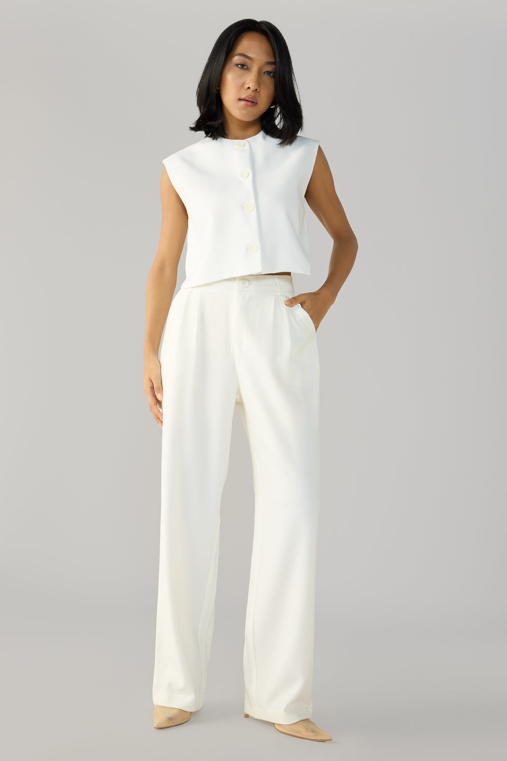 Off White Double Pleated Women's Straight Korean Pants