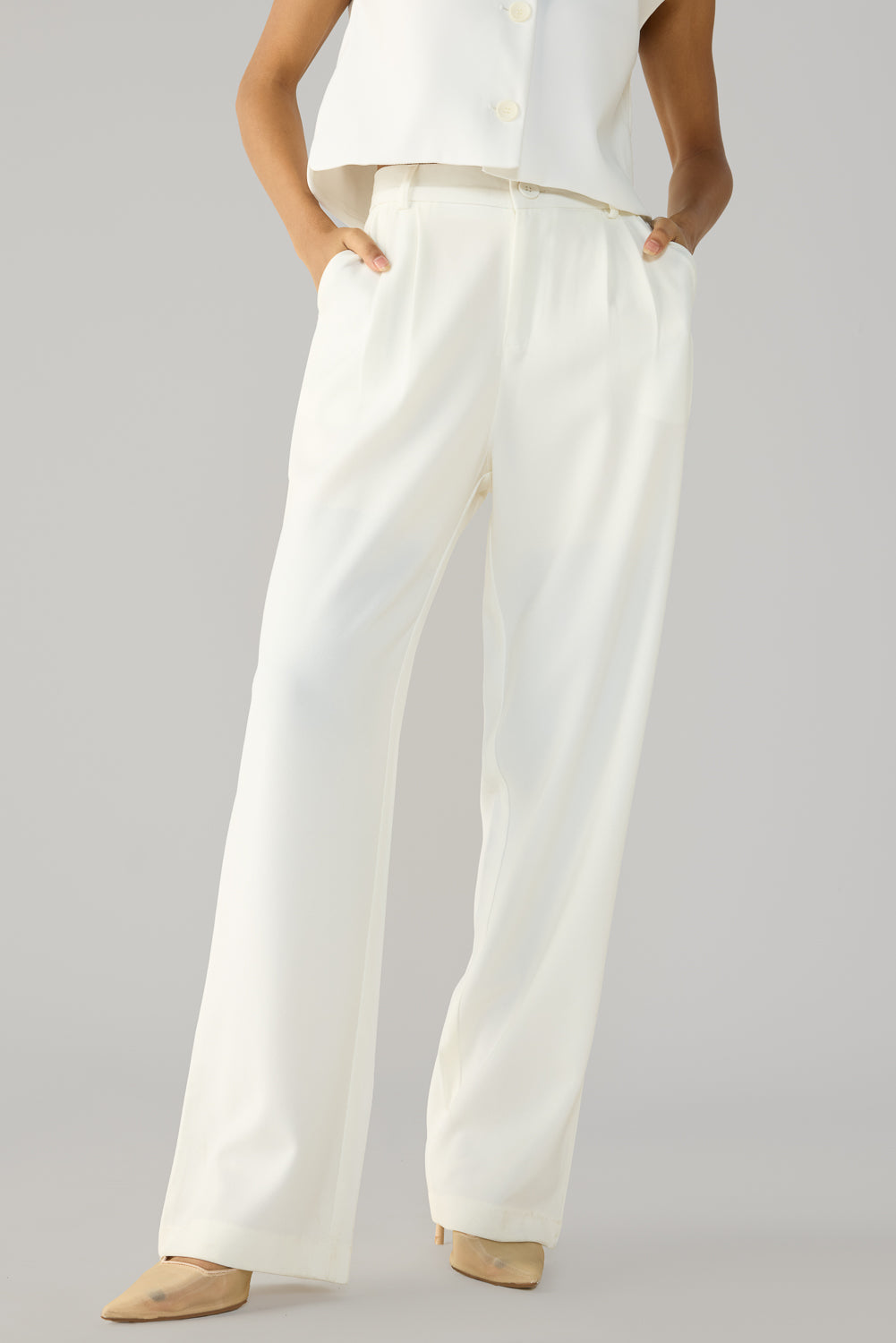 Off White Double Pleated Women's Straight Korean Pants