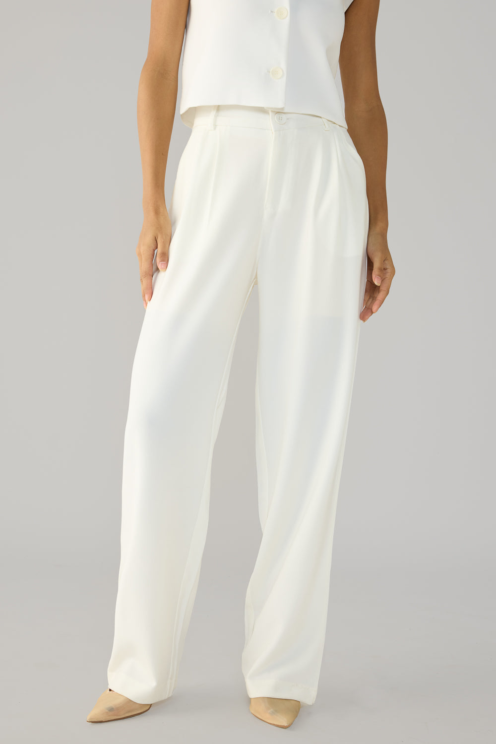 Off White Double Pleated Women's Straight Korean Pants