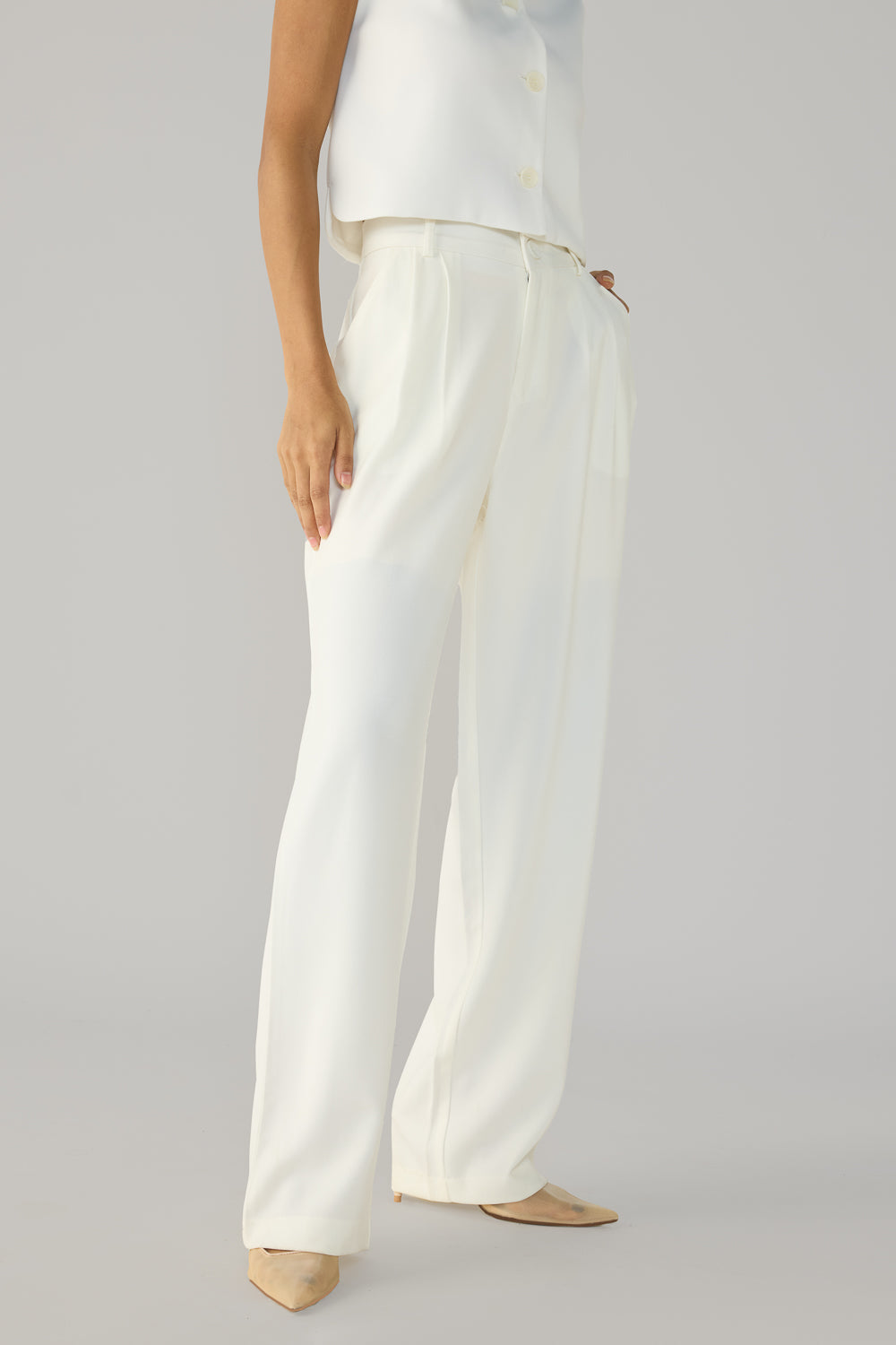Off White Double Pleated Women's Straight Korean Pants