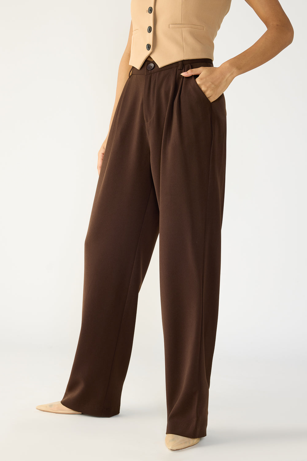 Dark Brown Double Pleated Women's Straight Korean Pants