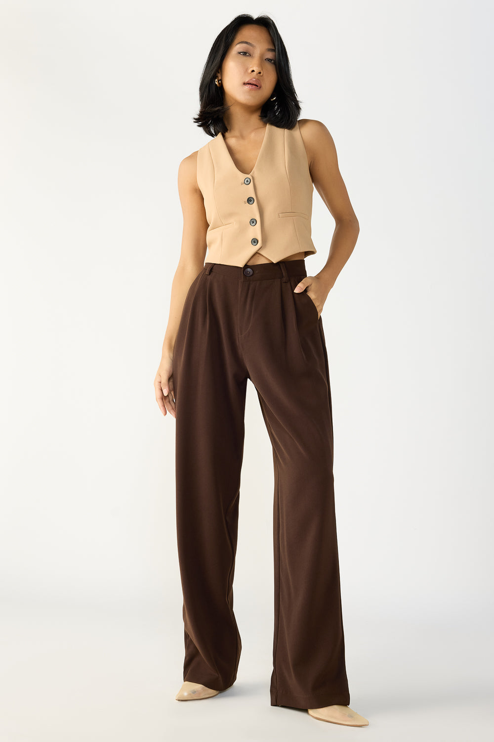 Dark Brown Double Pleated Women's Straight Korean Pants