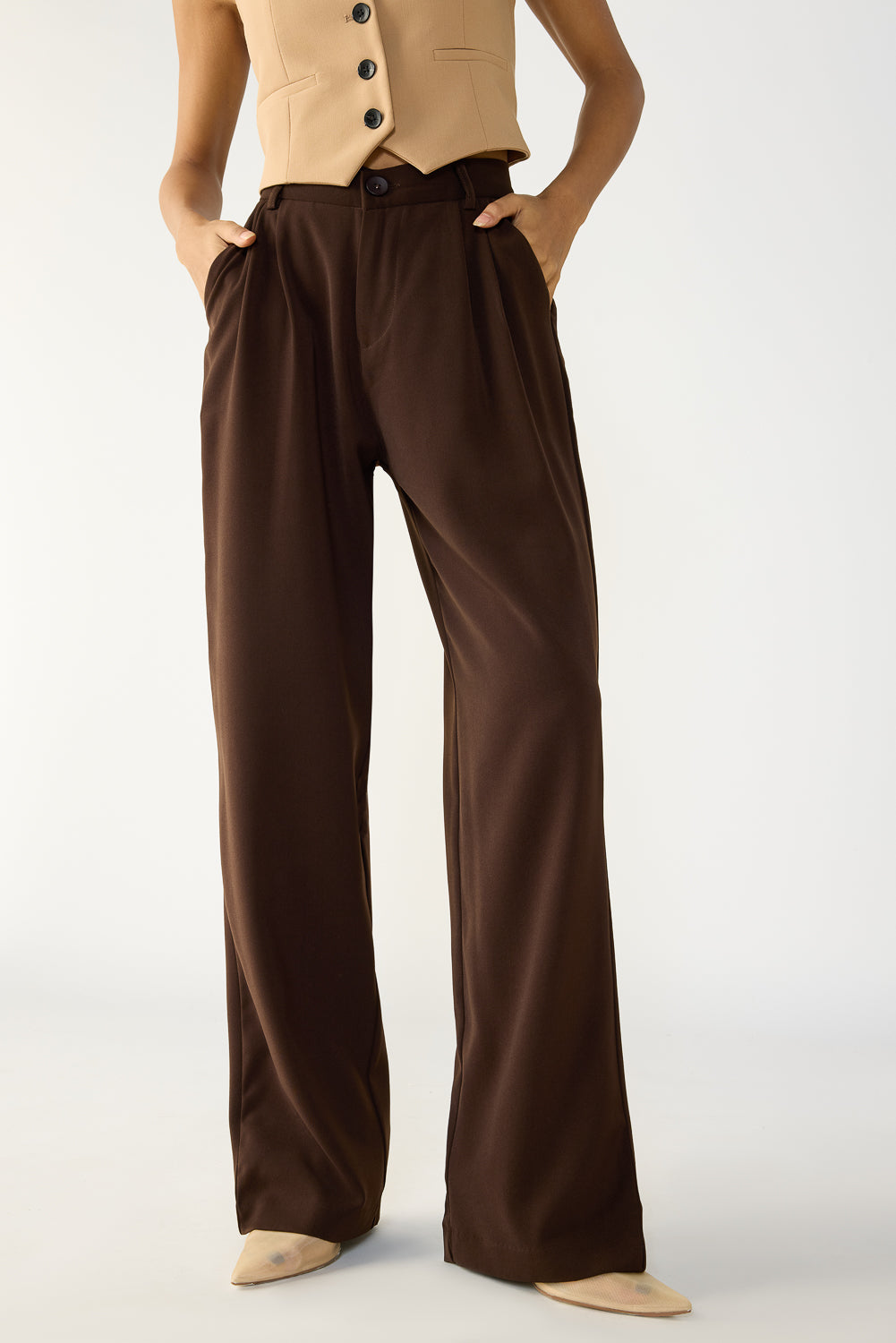 Dark Brown Double Pleated Women's Straight Korean Pants