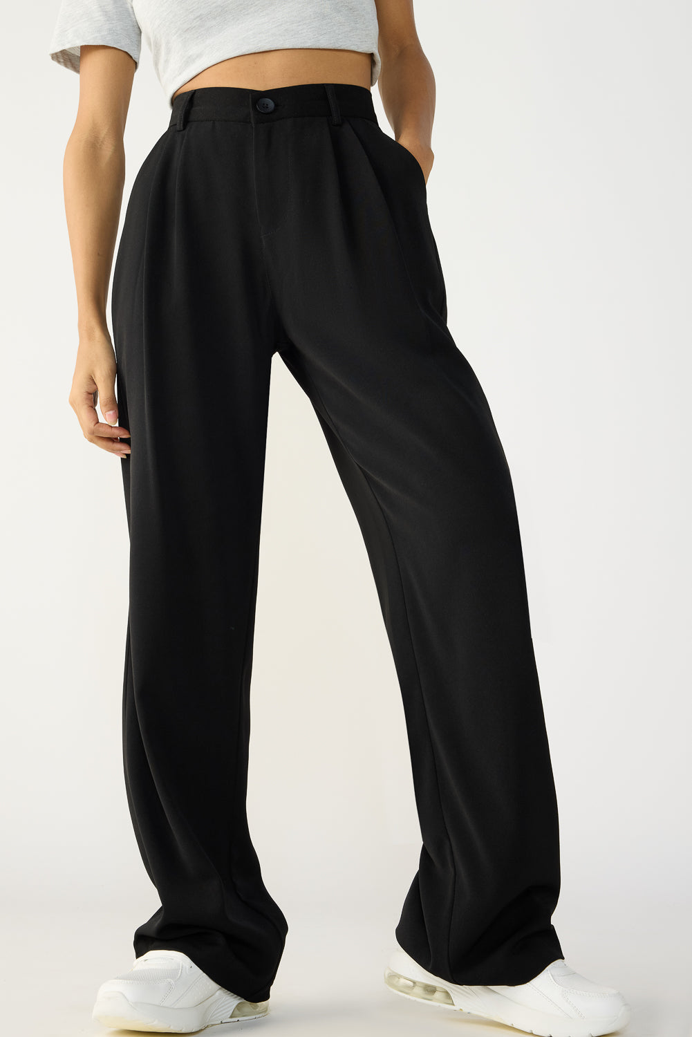 Women's Black Double Pleated Straight Korean Pants
