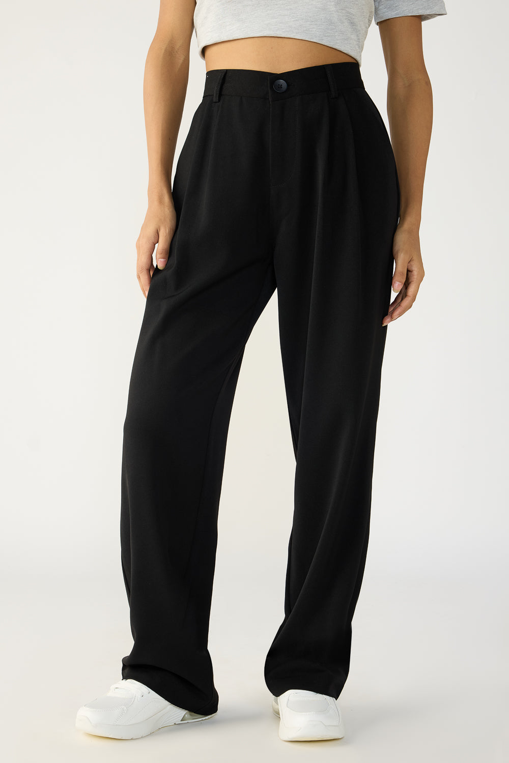 Women's Black Double Pleated Straight Korean Pants