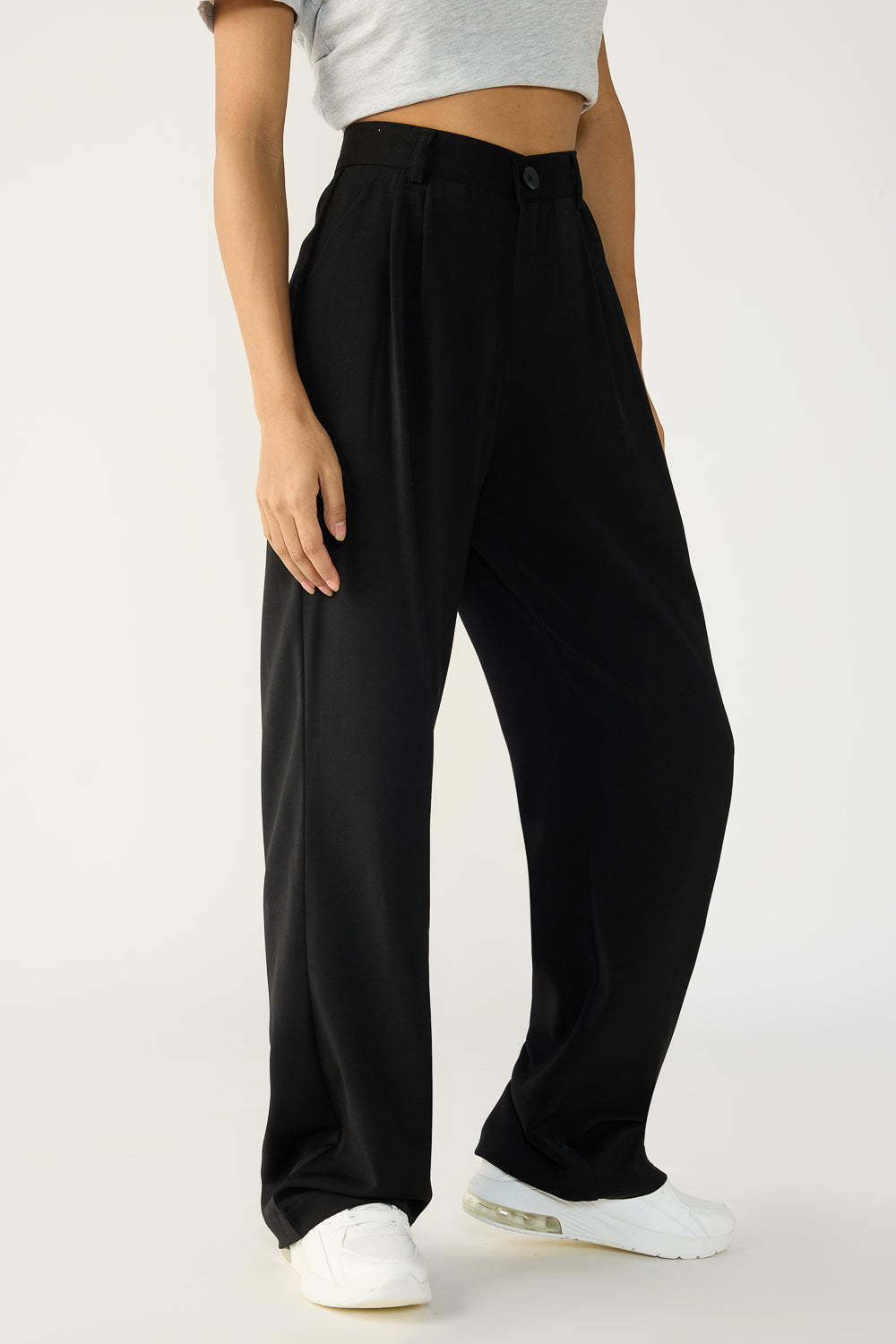 Women's Black Double Pleated Straight Korean Pants
