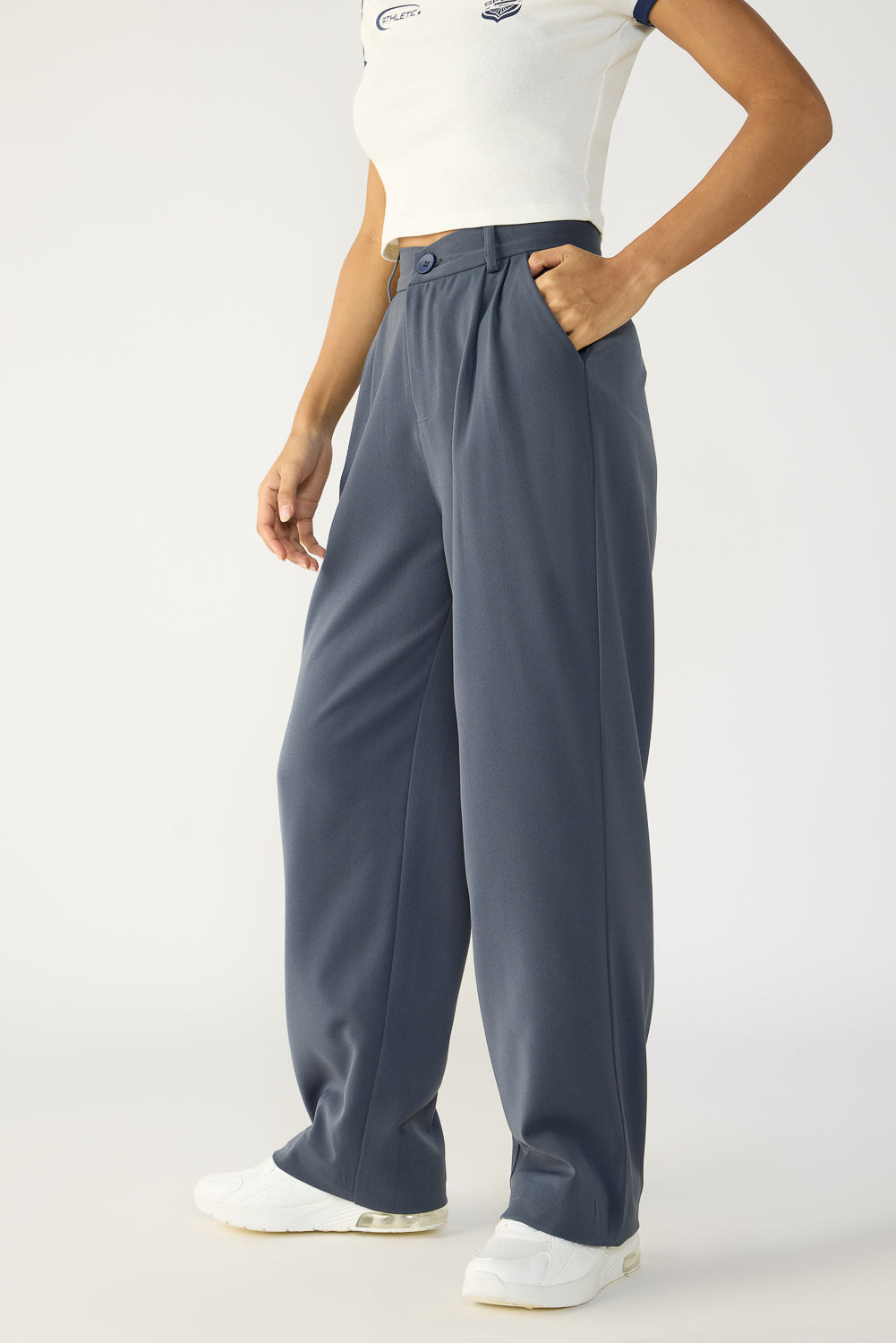 Dark Grey Double Pleated Women's Wide Korean Pants