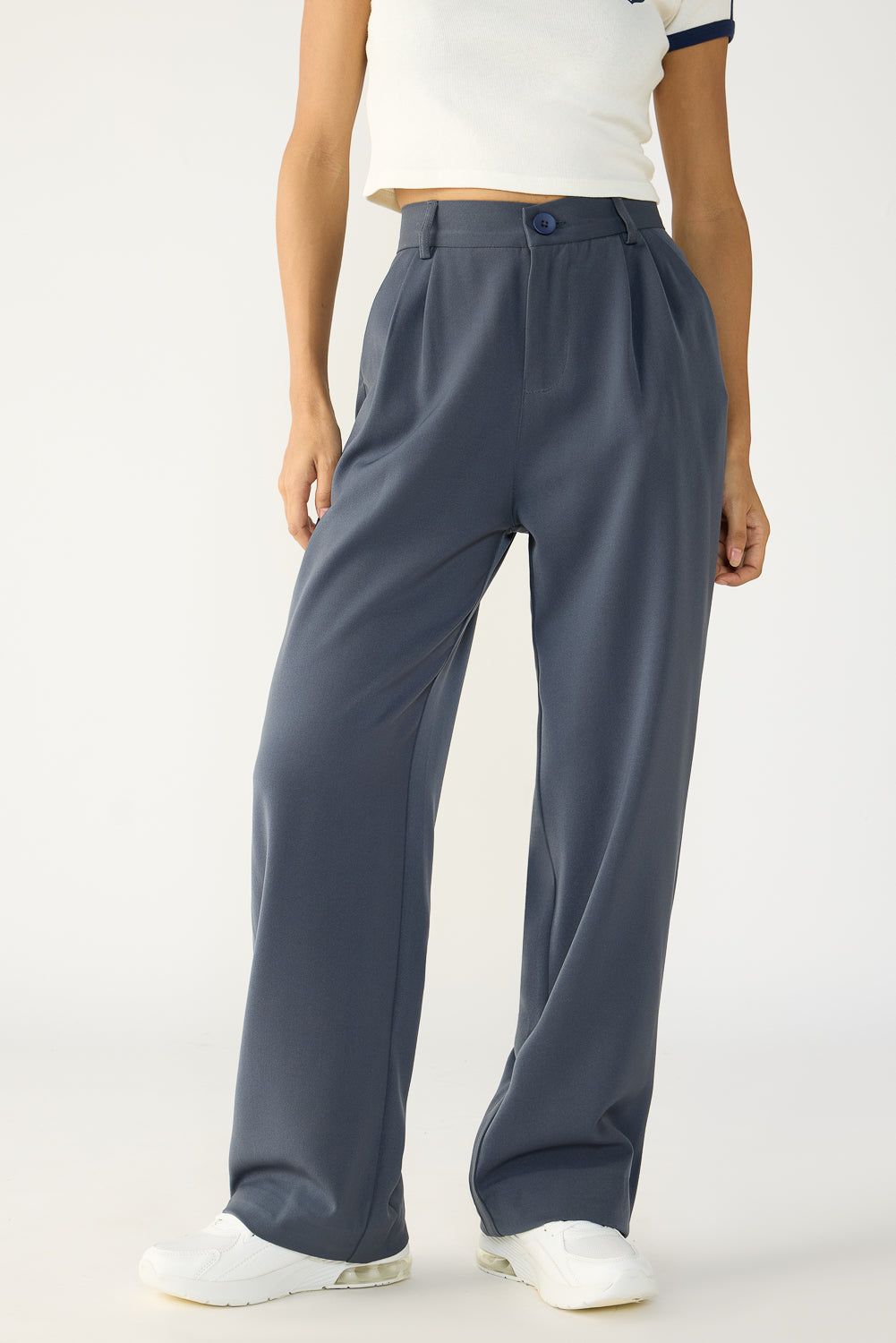 Dark Grey Double Pleated Women's Wide Korean Pants